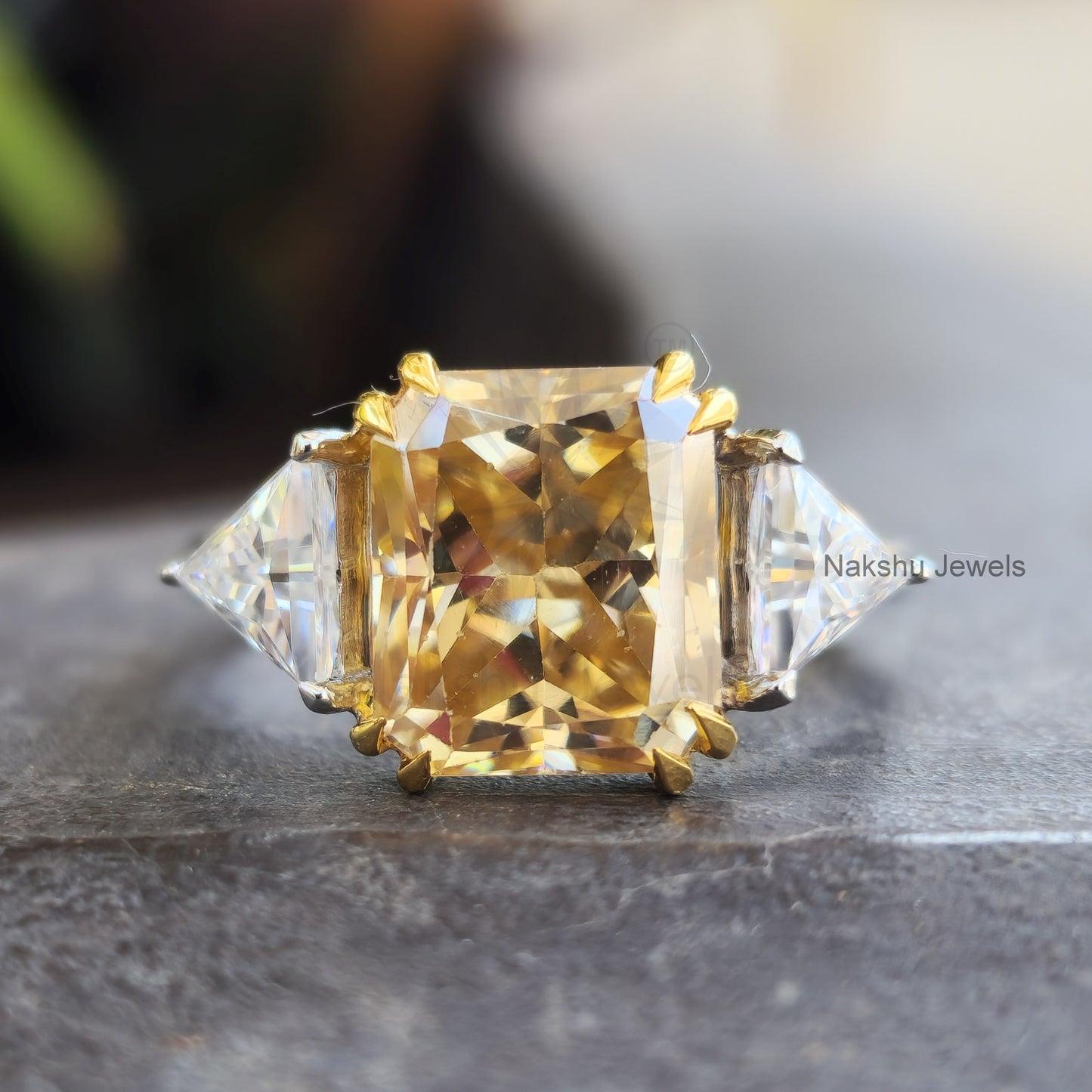 Champagne Yellow Radiant Cut Moissanite Three Stone Engagement Ring