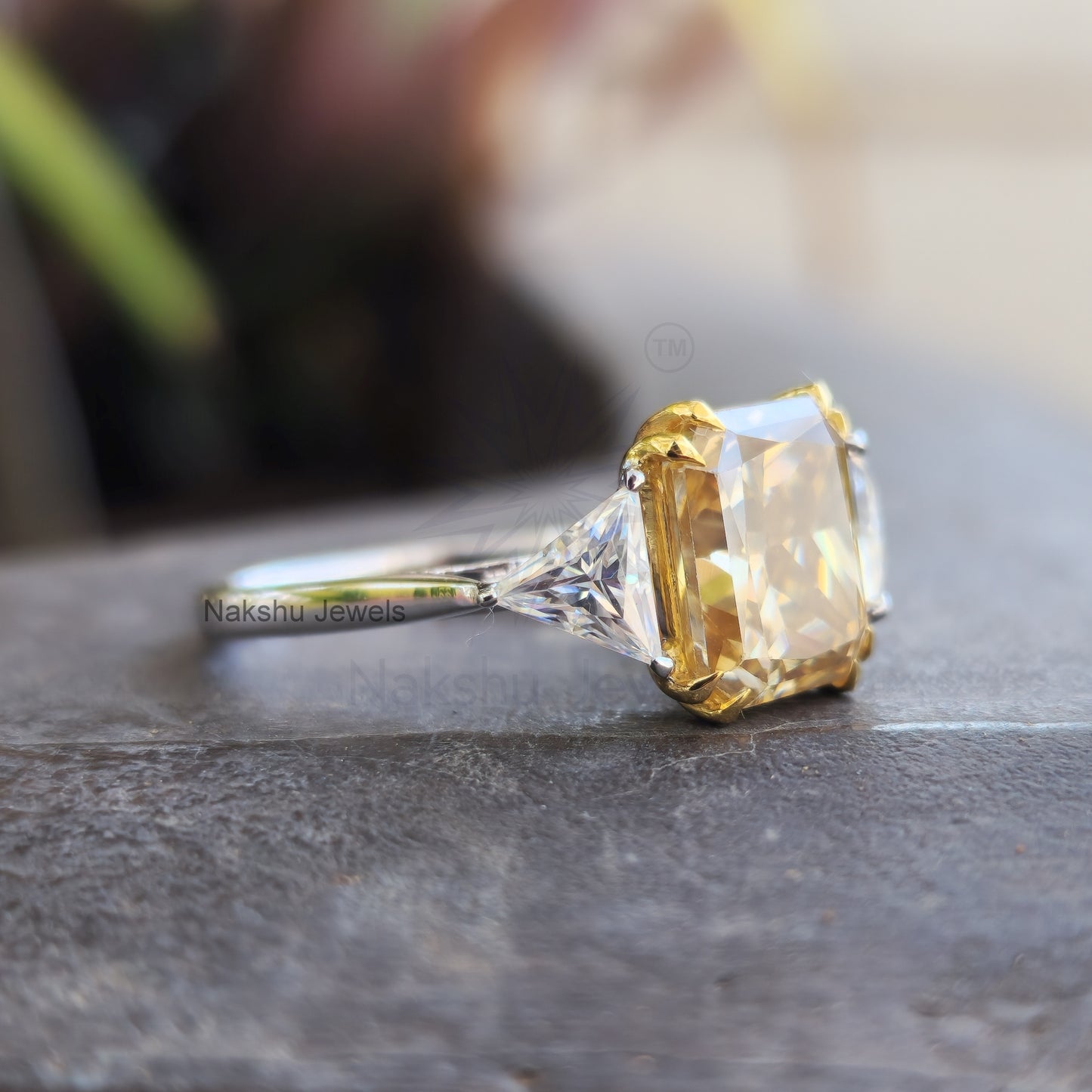 Champagne Yellow Radiant Cut Moissanite Three Stone Engagement Ring