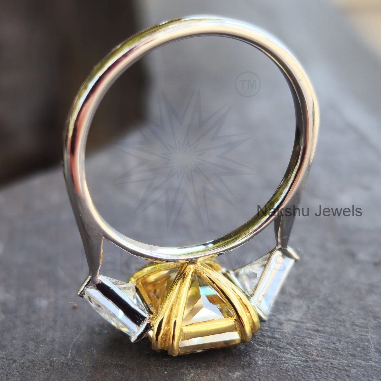 Champagne Yellow Radiant Cut Moissanite Three Stone Engagement Ring