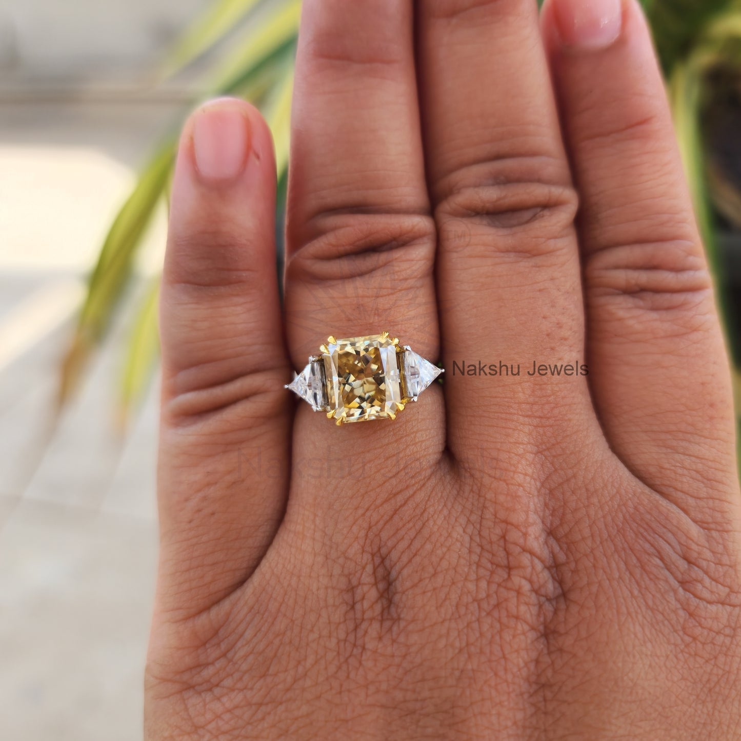 Champagne Yellow Radiant Cut Moissanite Three Stone Engagement Ring
