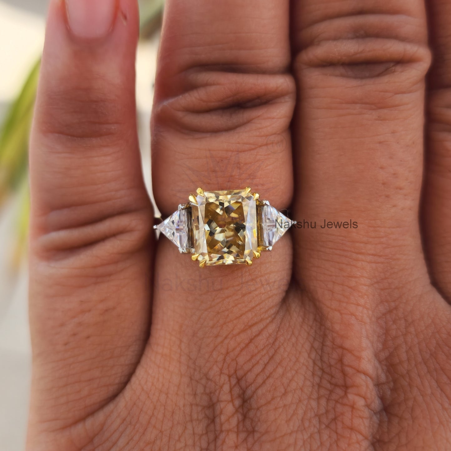 Champagne Yellow Radiant Cut Moissanite Three Stone Engagement Ring