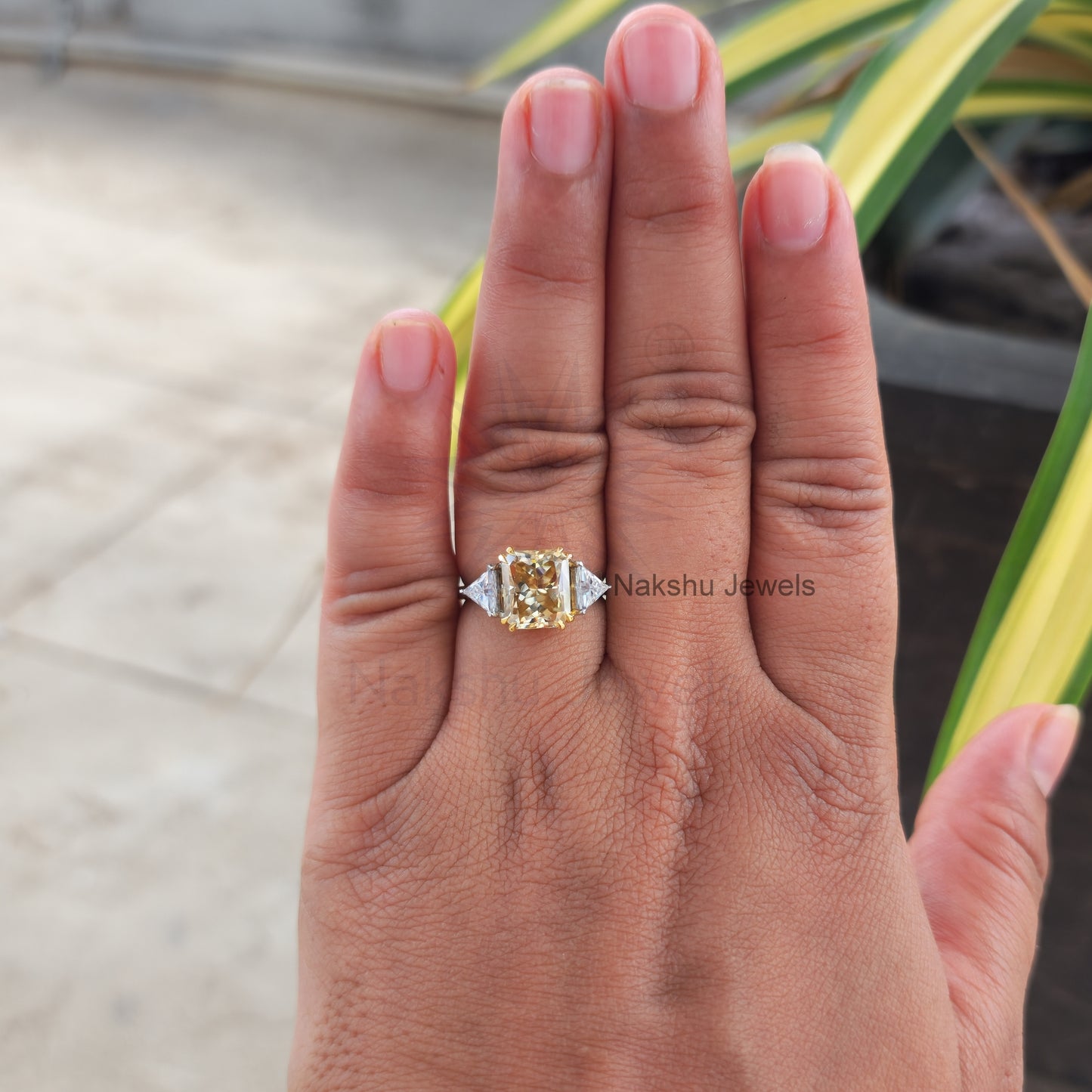 Champagne Yellow Radiant Cut Moissanite Three Stone Engagement Ring