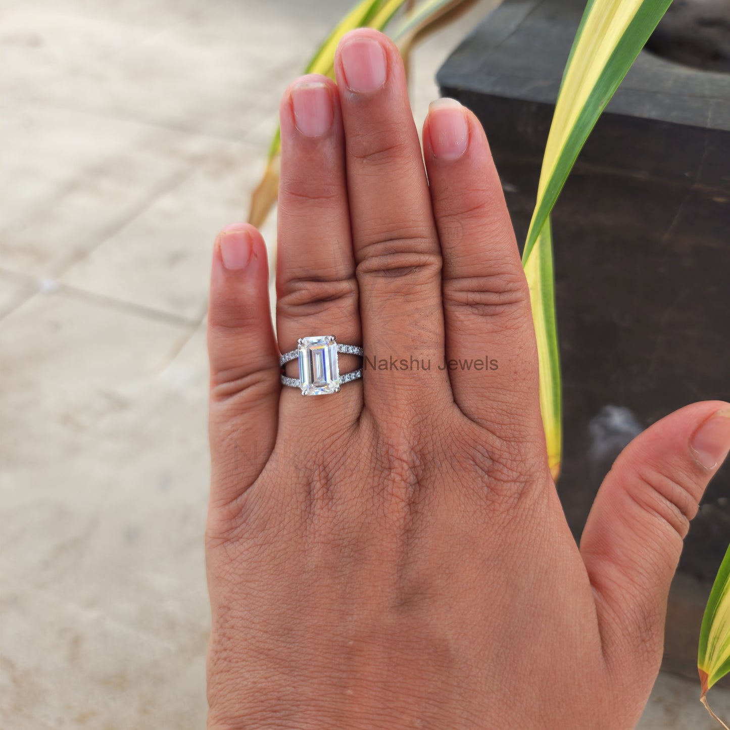Split Shank Emerald Cut Moissanite Pave Engagement Ring