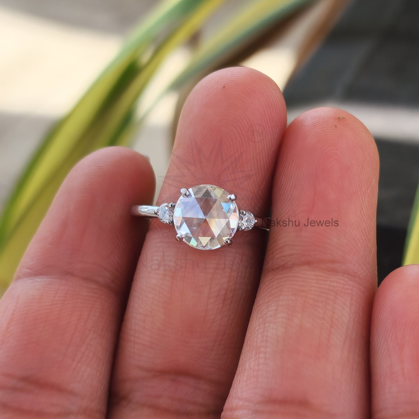 Round Rose Cut Moissanite Engagement Ring, Three Stone Design