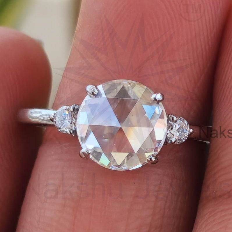 Round Rose Cut Moissanite Engagement Ring, Three Stone Design