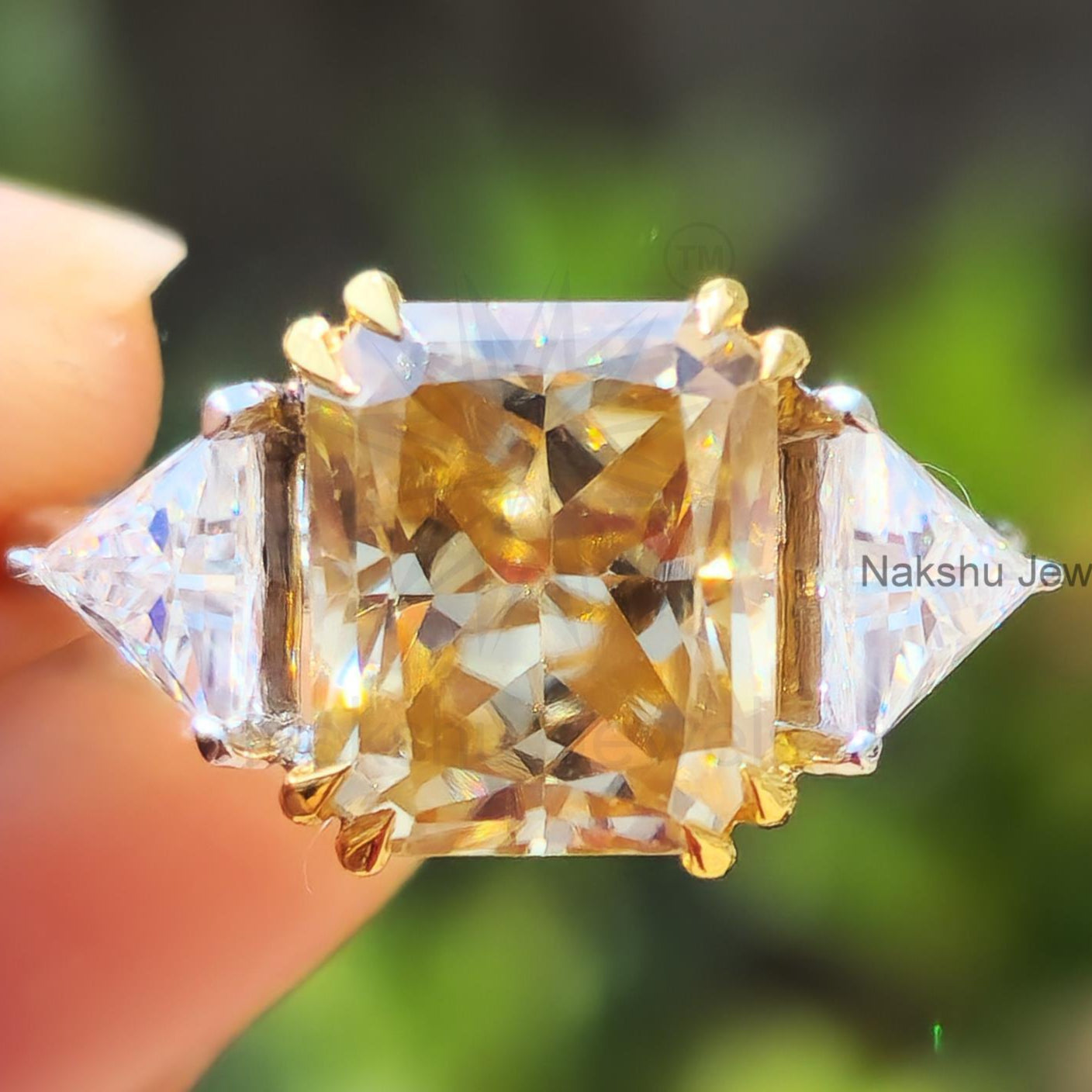 Champagne Yellow Radiant Cut Moissanite Three Stone Engagement Ring