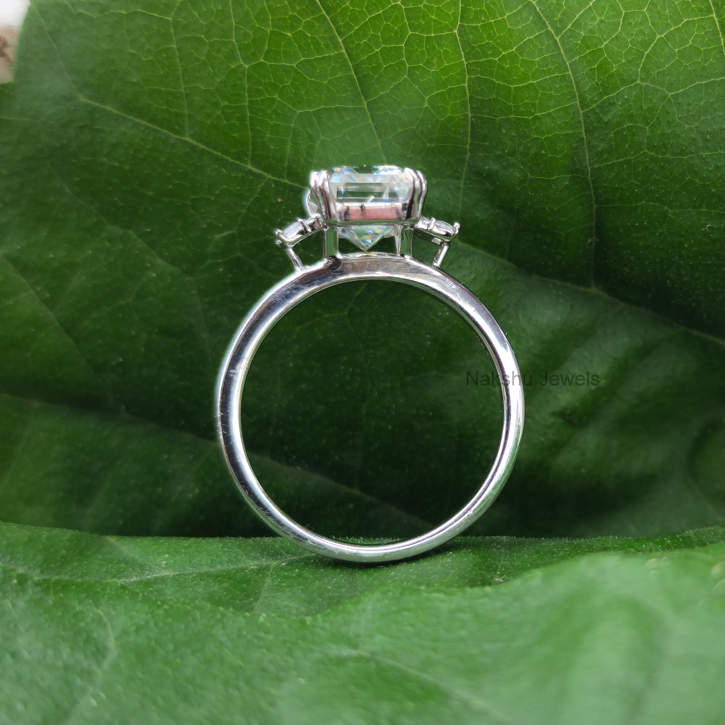 Emerald Cut Moissanite Three Stone Engagement Ring
