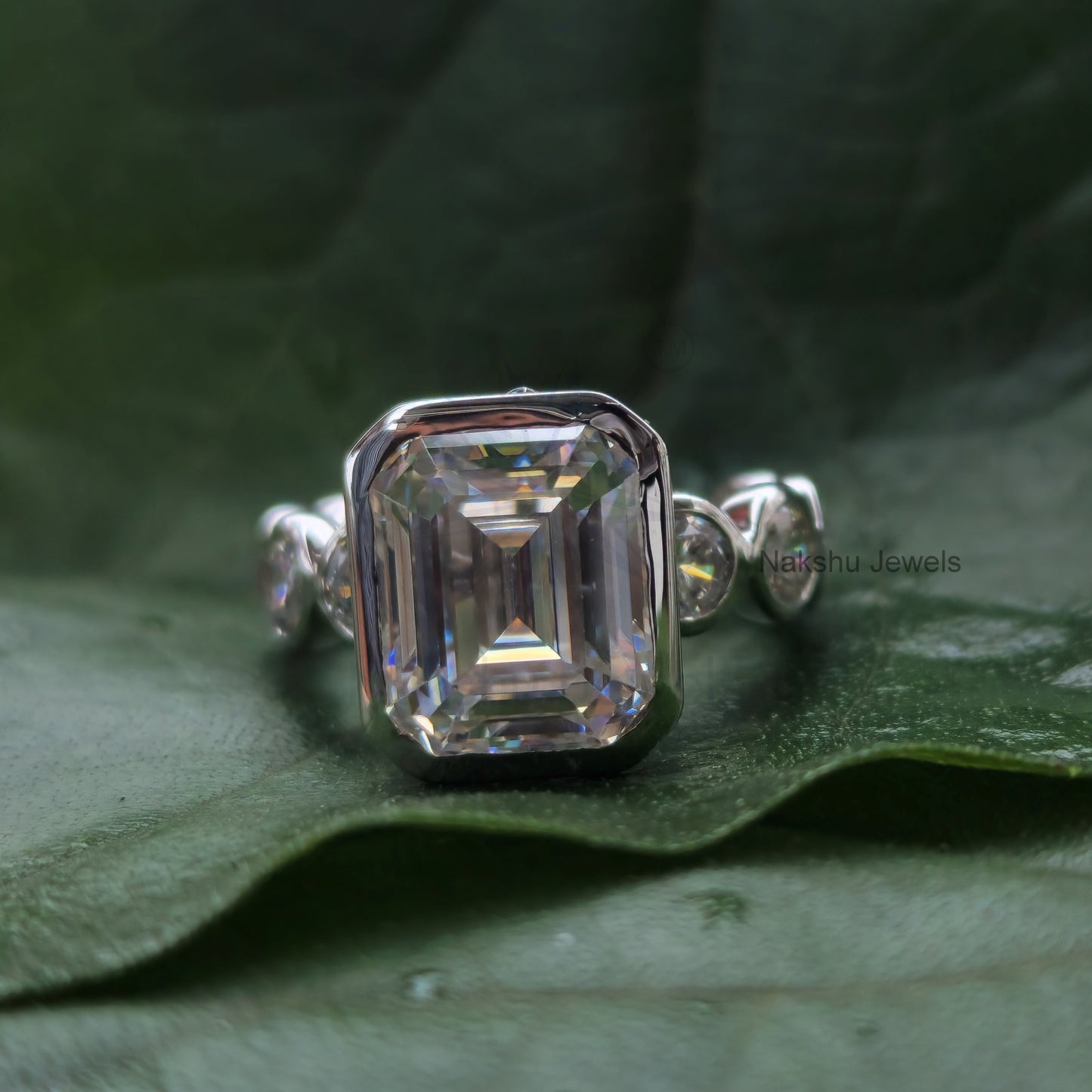 Emerald Cut Moissanite Bezel Set Engagement Ring