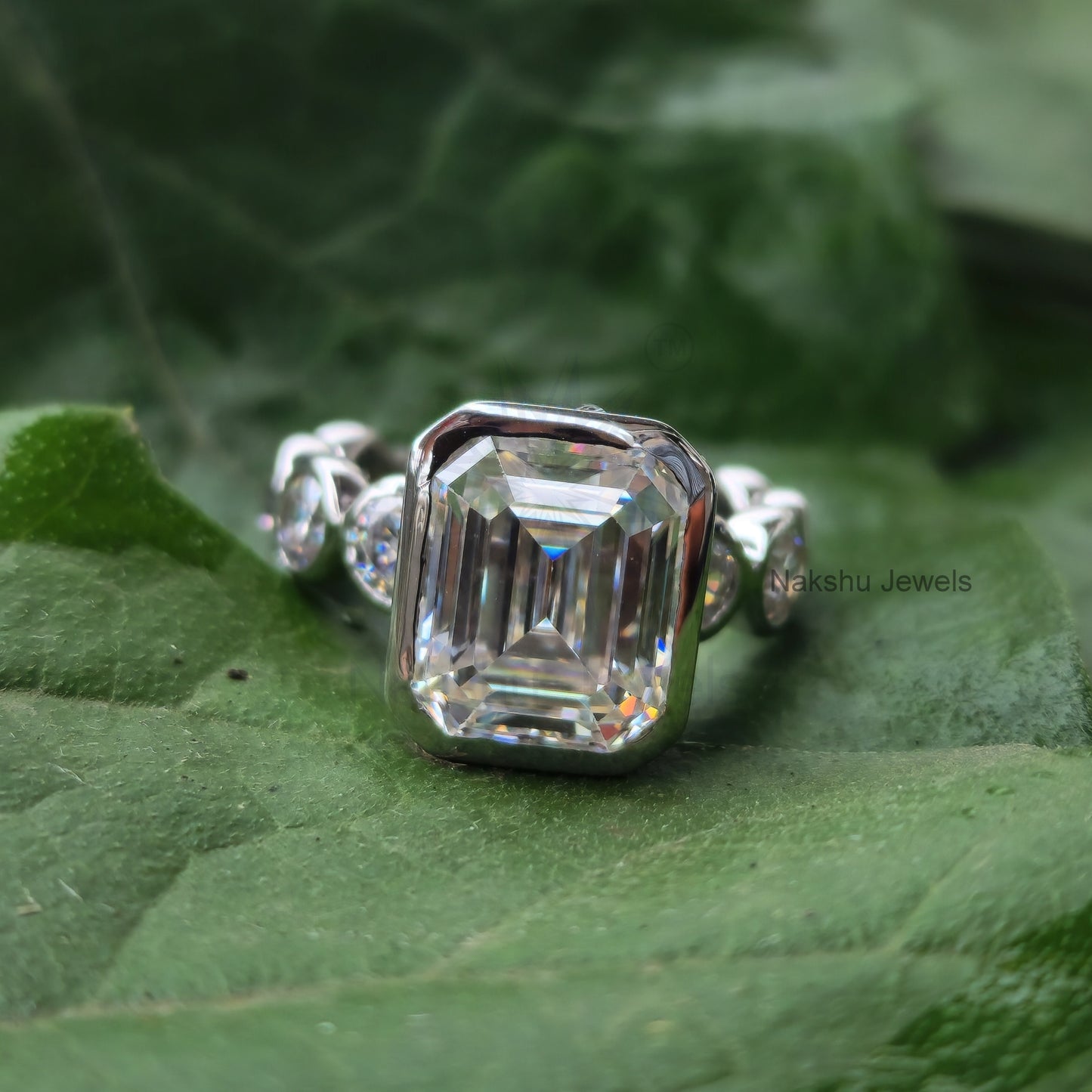 Emerald Cut Moissanite Bezel Set Engagement Ring