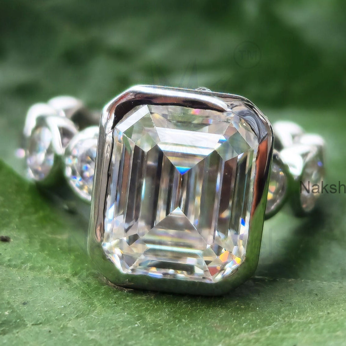 Emerald Cut Moissanite Bezel Set Engagement Ring