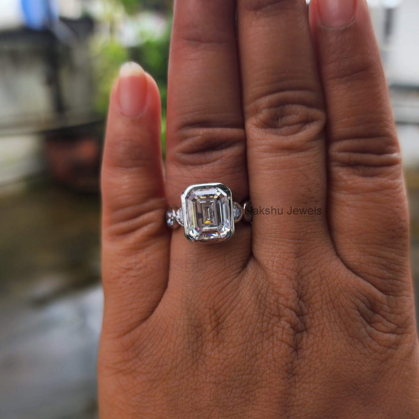 Emerald Cut Moissanite Bezel Set Engagement Ring