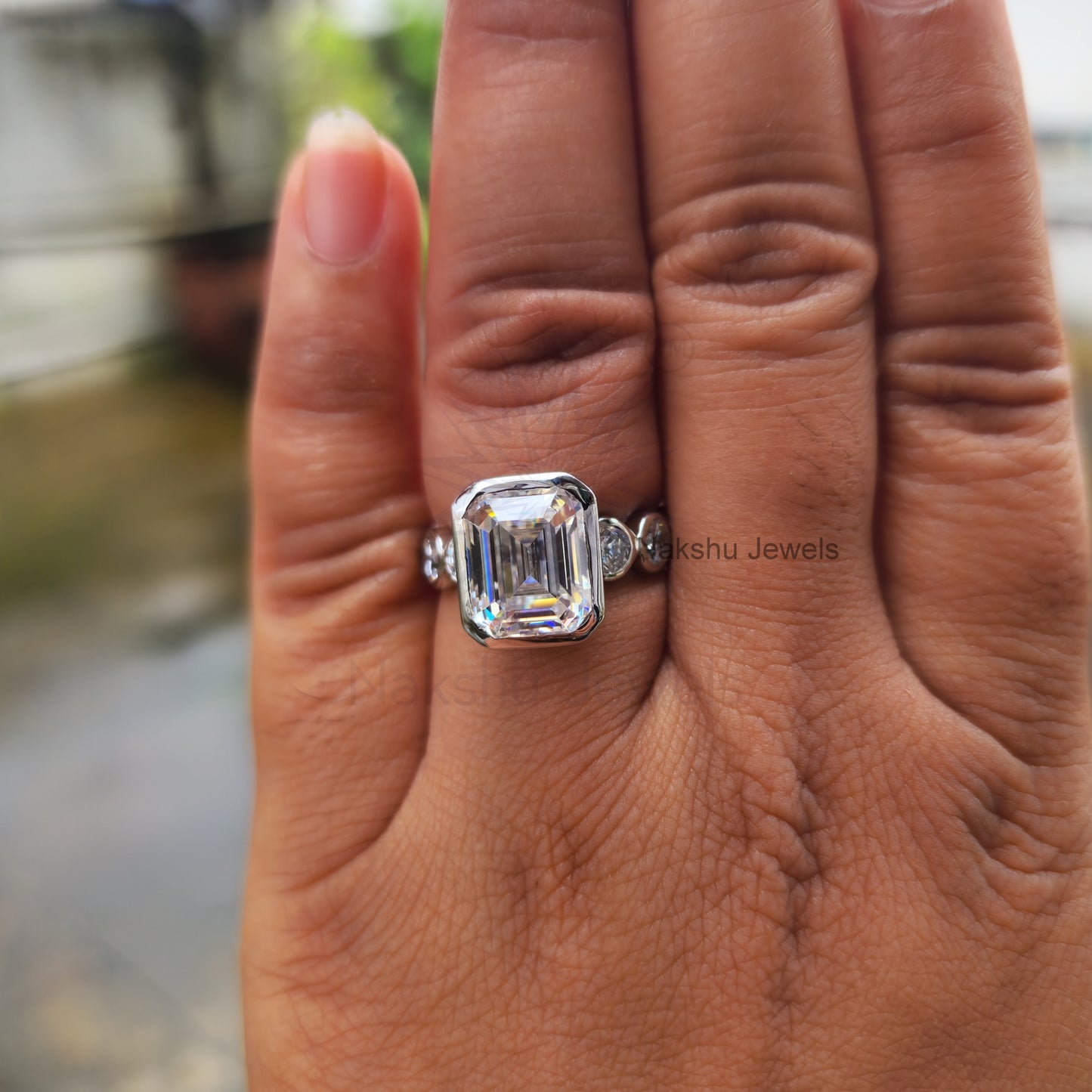 Emerald Cut Moissanite Bezel Set Engagement Ring