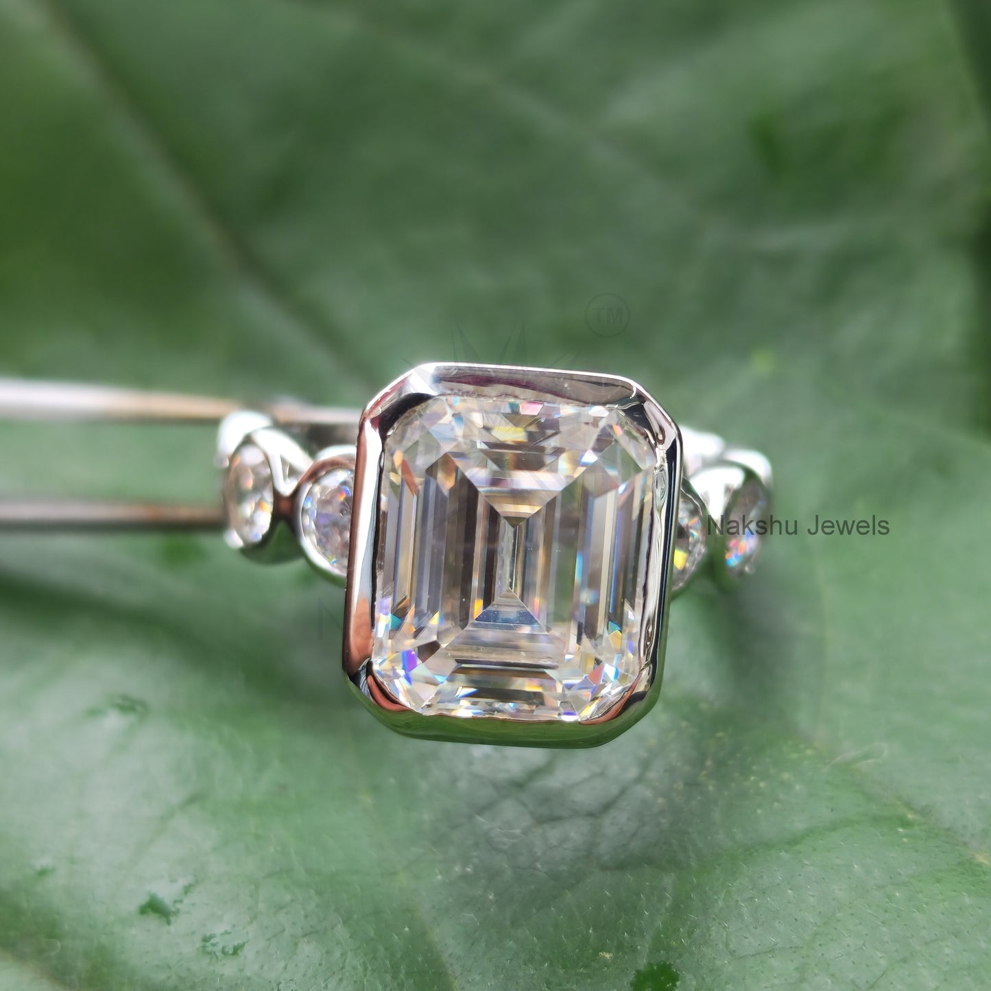Emerald Cut Moissanite Bezel Set Engagement Ring