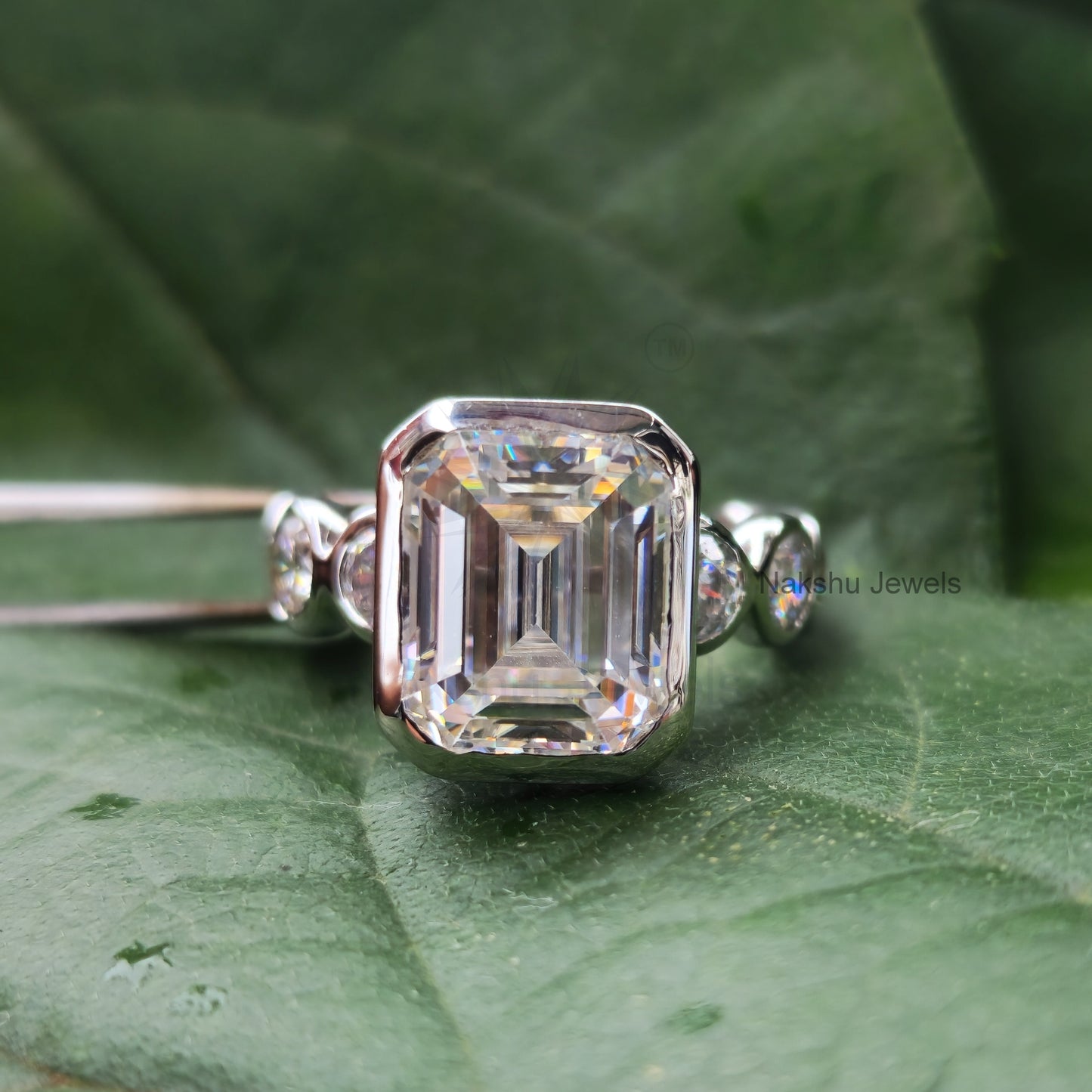Emerald Cut Moissanite Bezel Set Engagement Ring