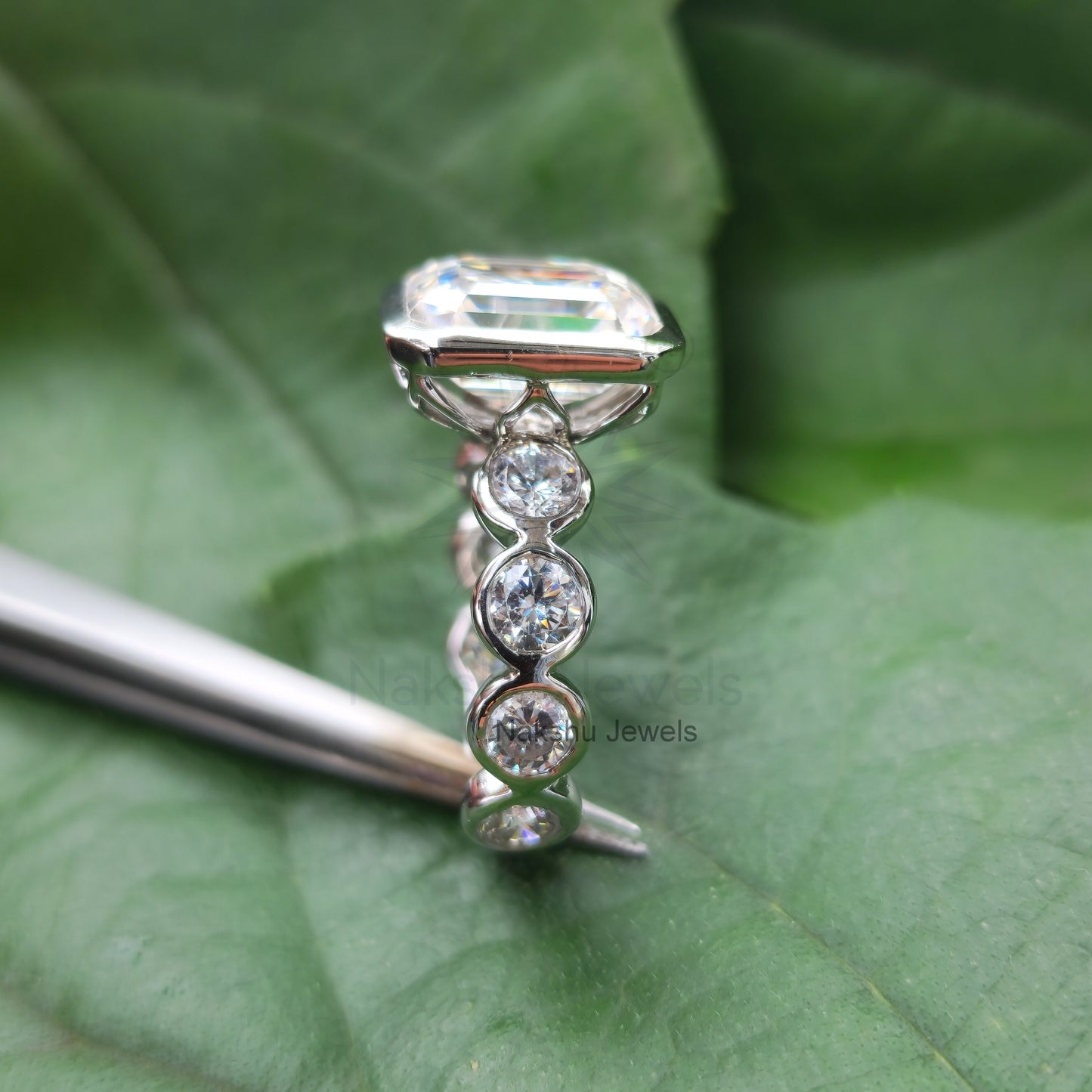 Emerald Cut Moissanite Bezel Set Engagement Ring