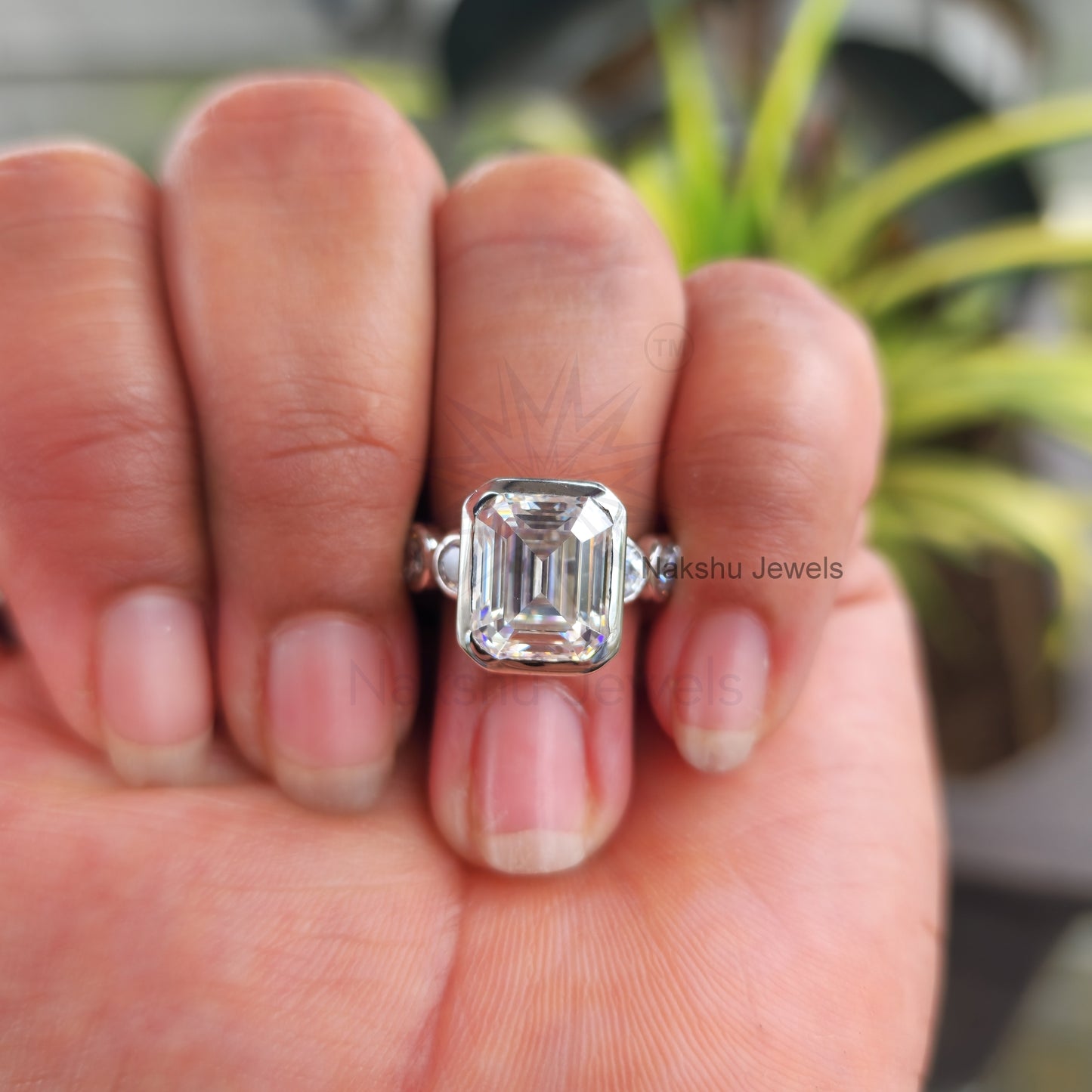 Emerald Cut Moissanite Bezel Set Engagement Ring