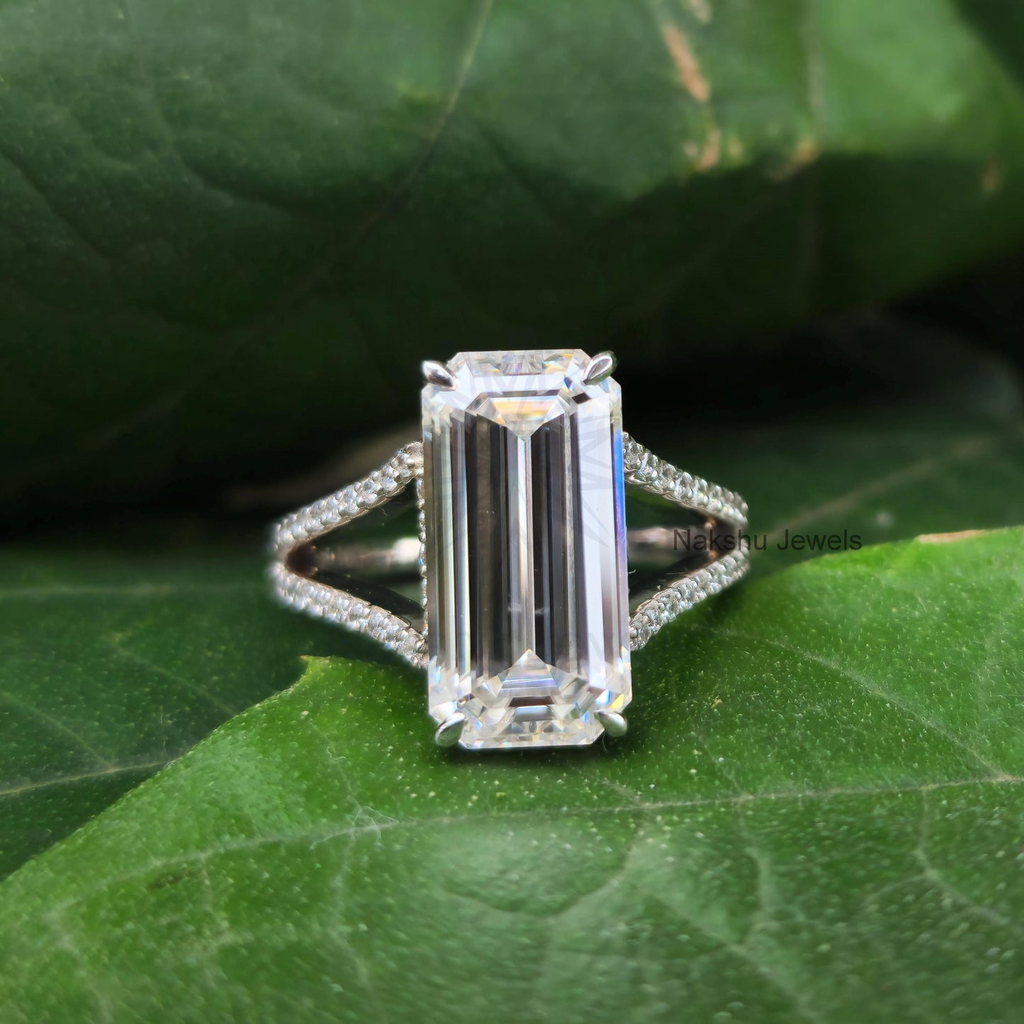 Elongated Emerald Cut Split Shank Hidden Halo Moissanite Engagement Ring
