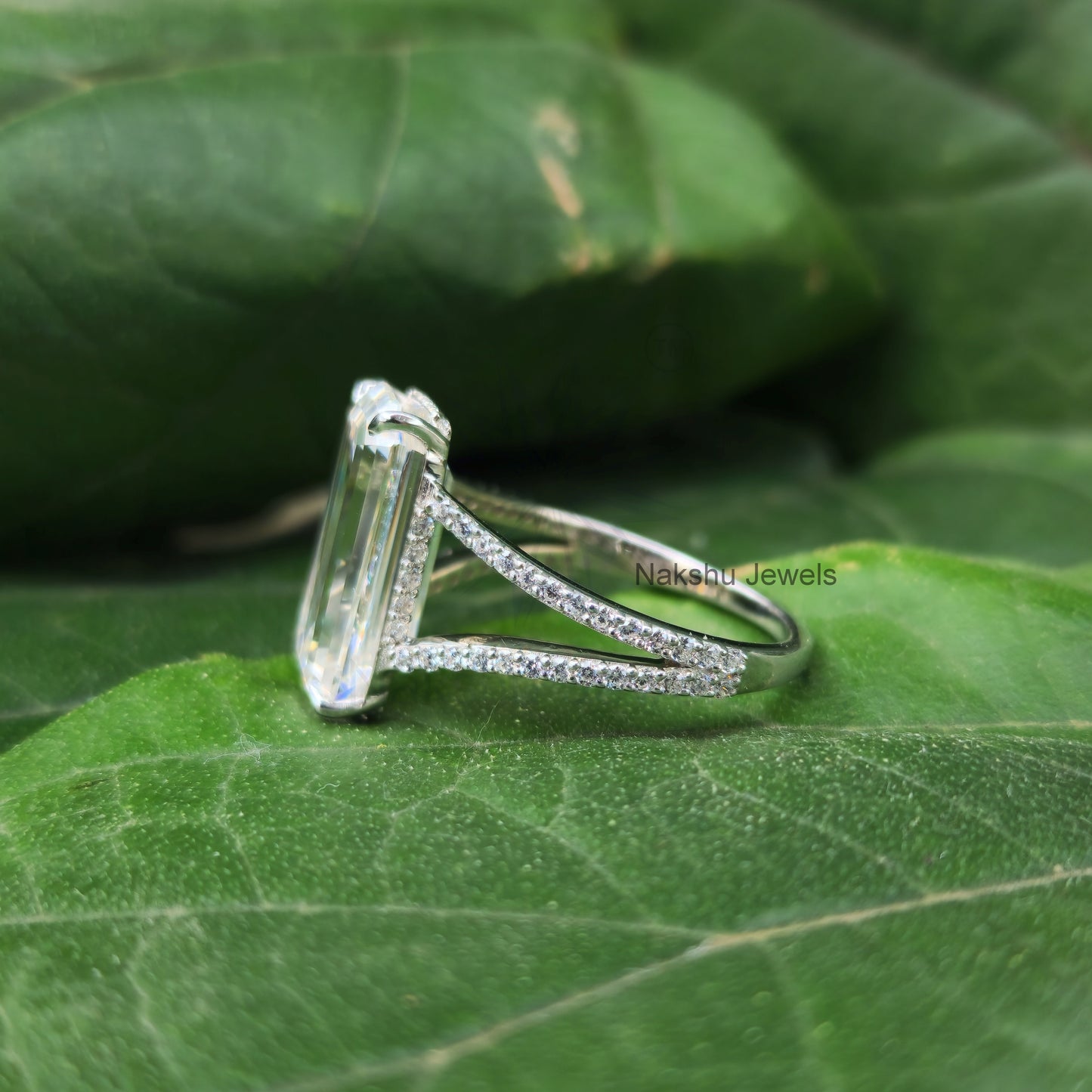 Elongated Emerald Cut Split Shank Hidden Halo Moissanite Engagement Ring