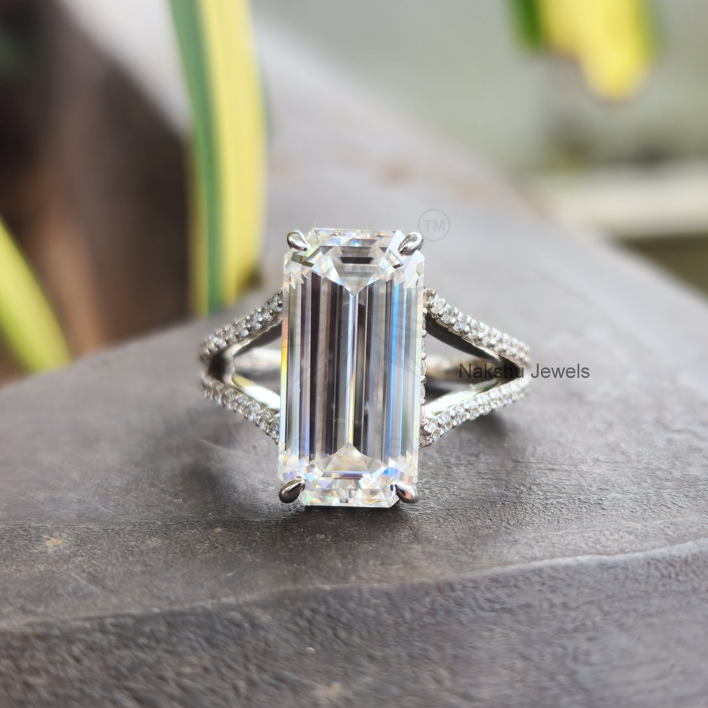 Elongated Emerald Cut Split Shank Hidden Halo Moissanite Engagement Ring