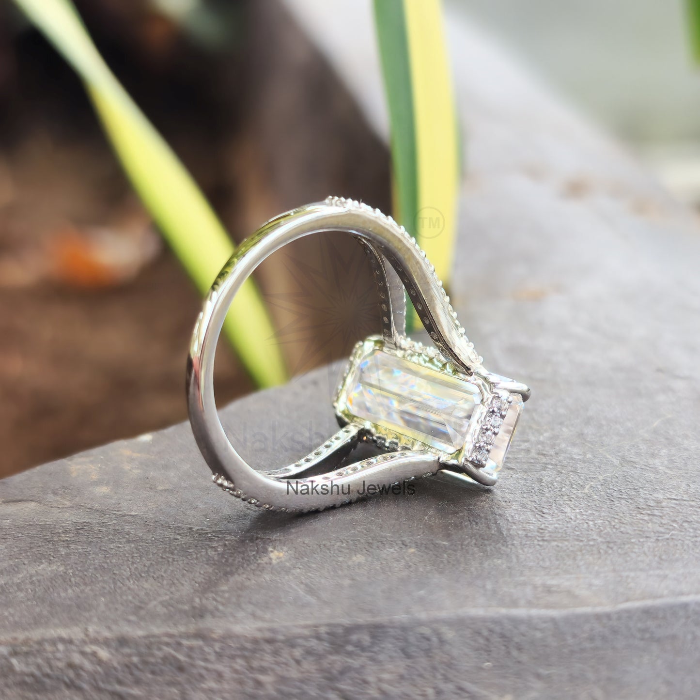 Elongated Emerald Cut Split Shank Hidden Halo Moissanite Engagement Ring
