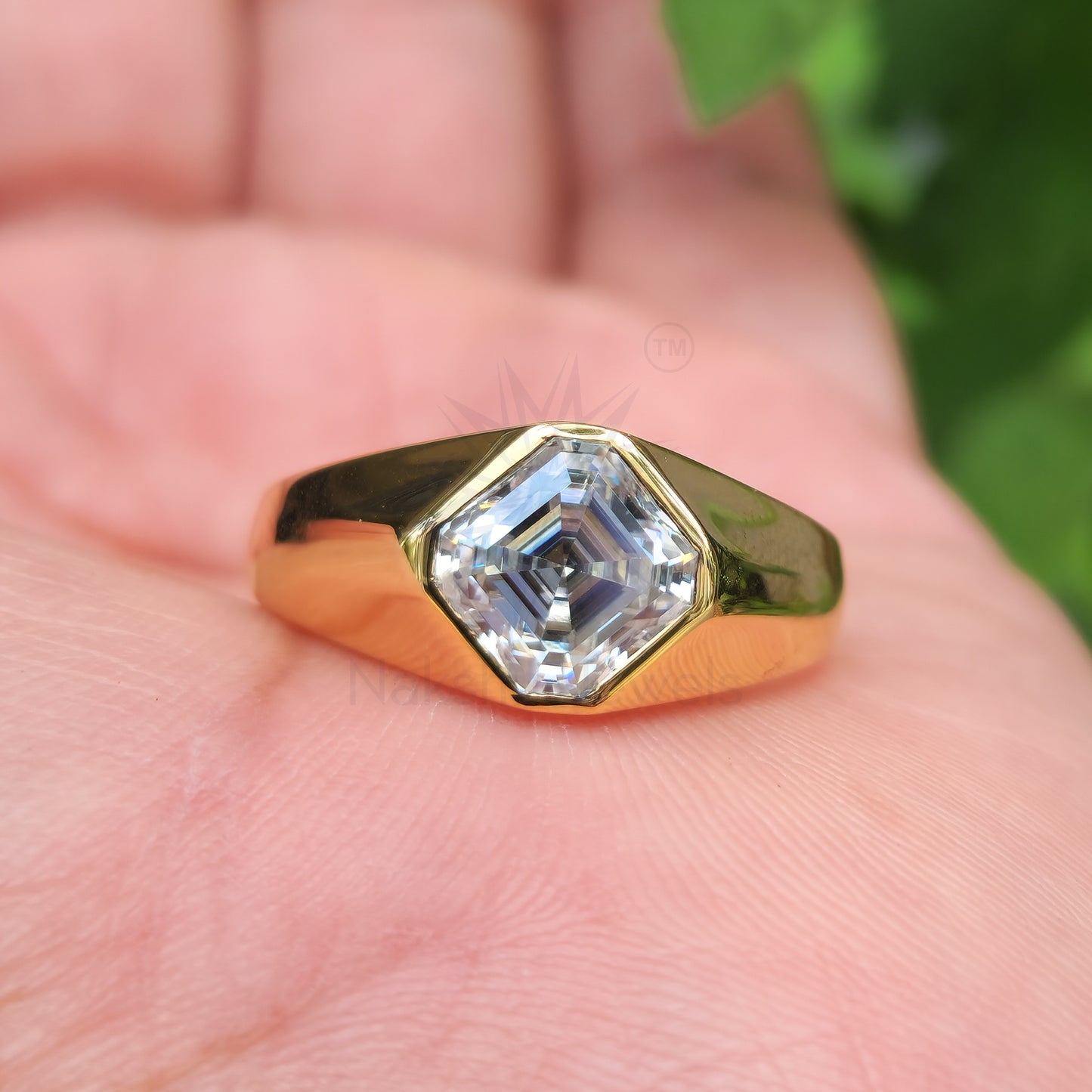 Bezel Set Asscher Cut Moissanite Solitaire Men's Wedding Engagement Ring