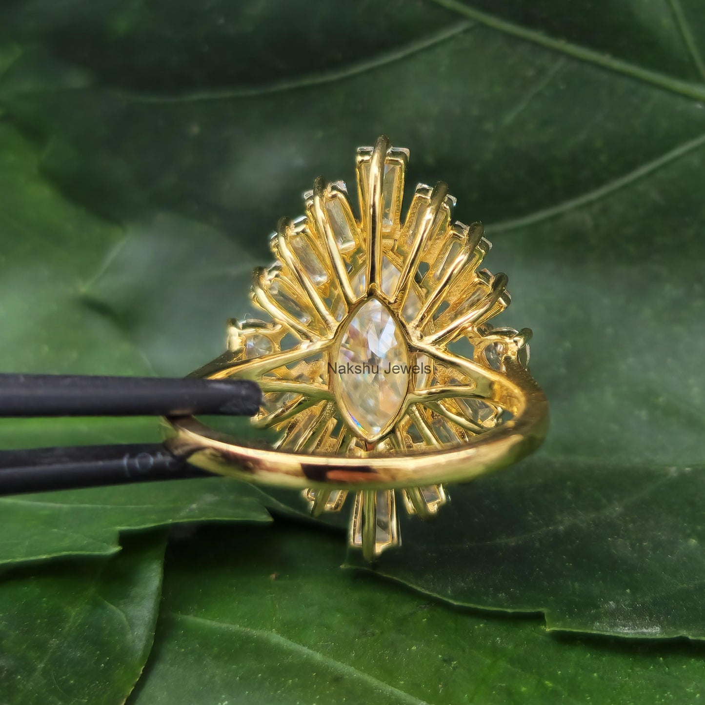 Marquise Cut Moissanite Sunburst Halo Engagement Ring