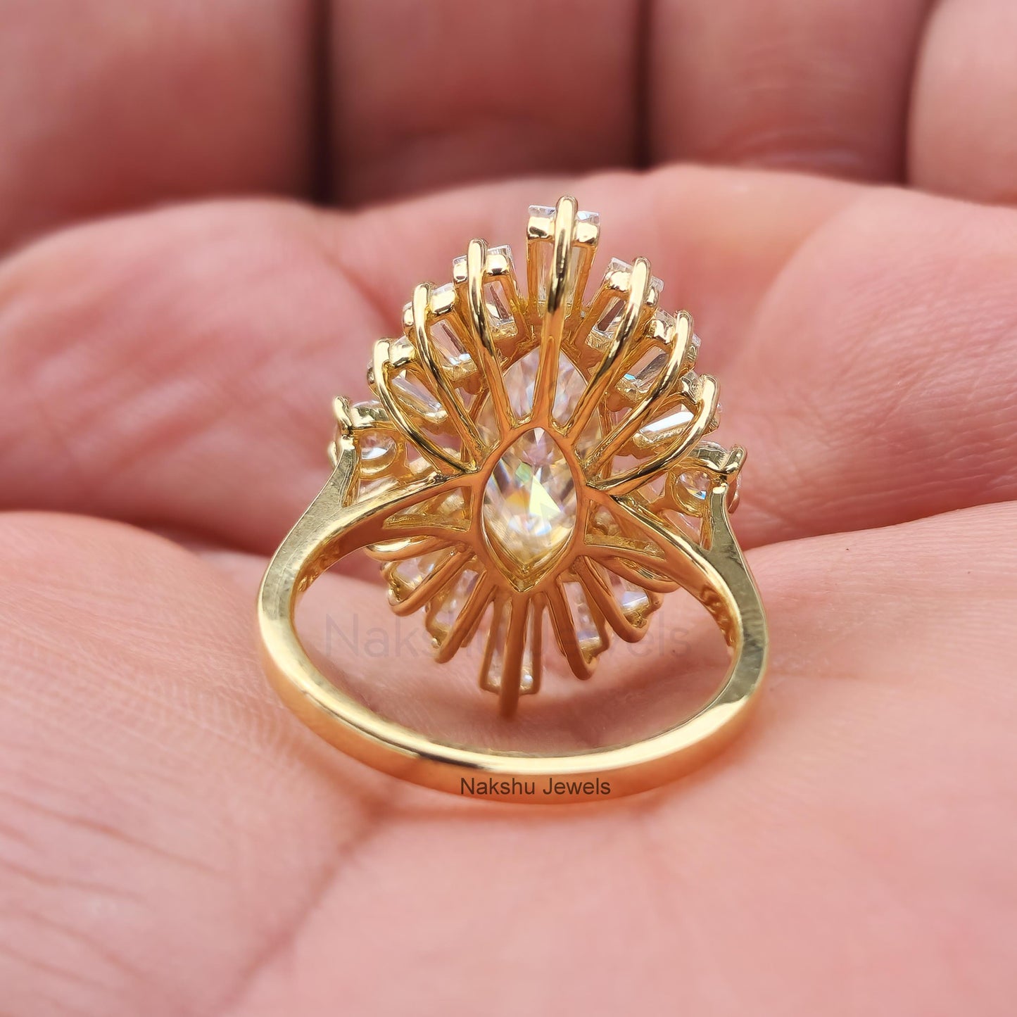 Marquise Cut Moissanite Sunburst Halo Engagement Ring