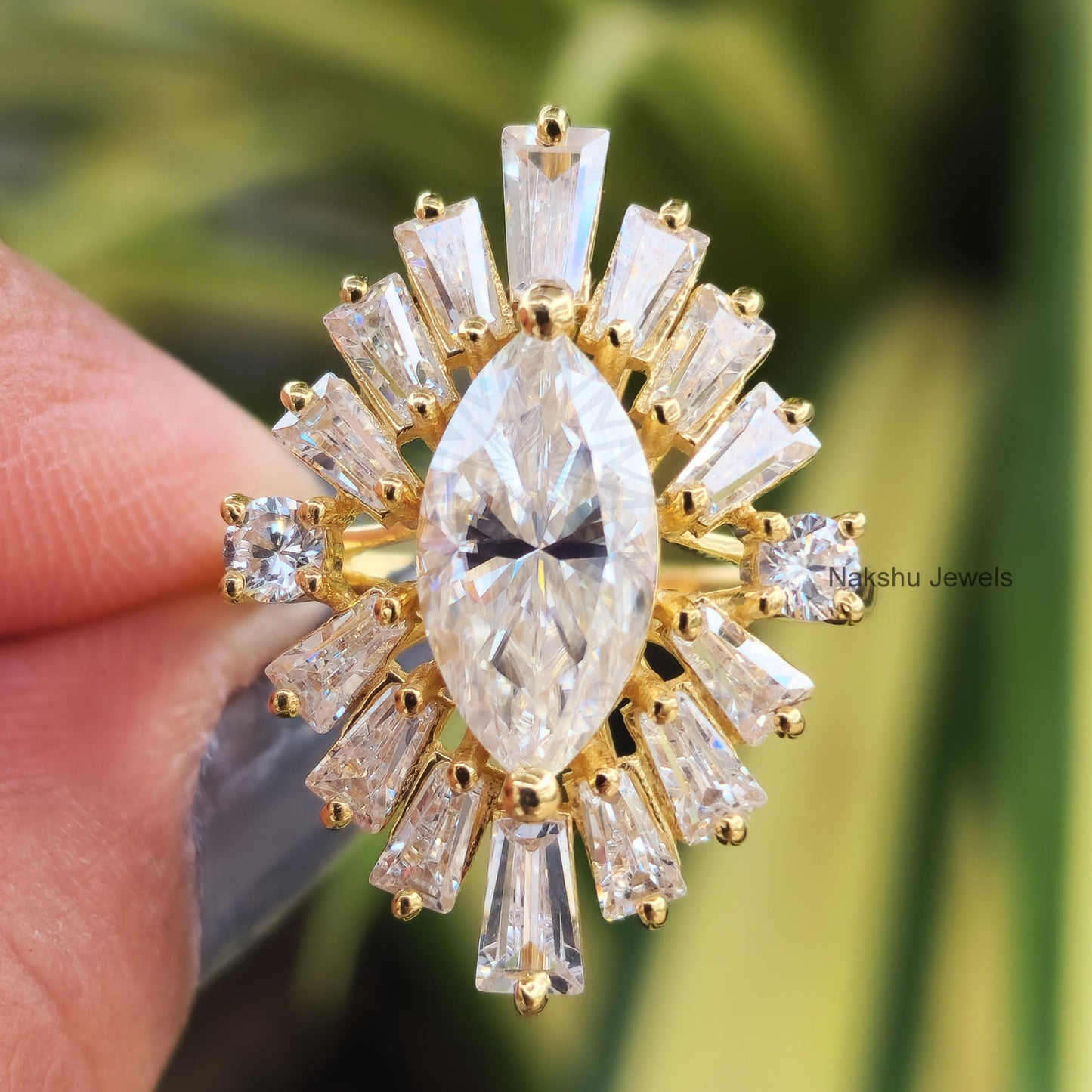 Marquise Cut Moissanite Sunburst Halo Engagement Ring