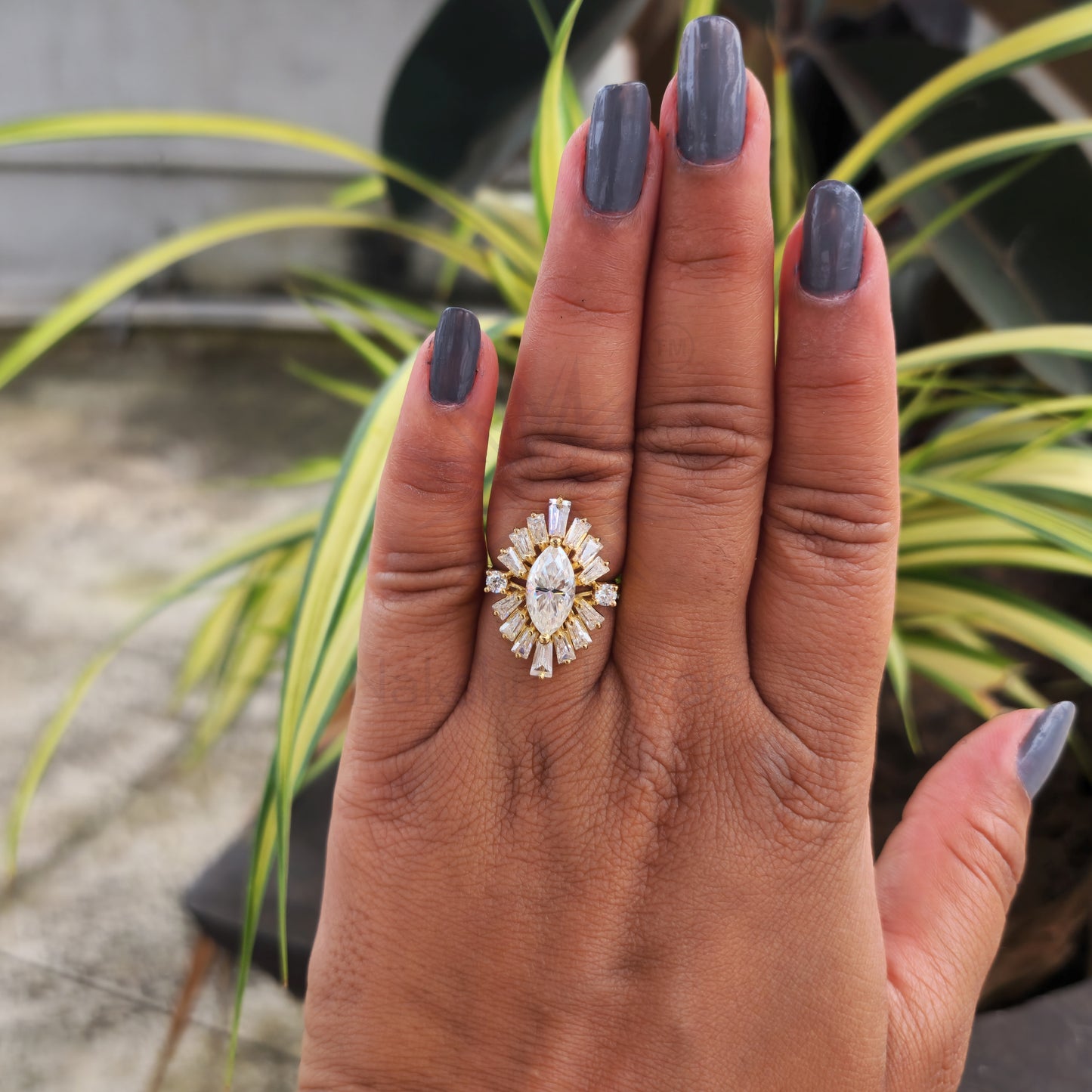 Marquise Cut Moissanite Sunburst Halo Engagement Ring