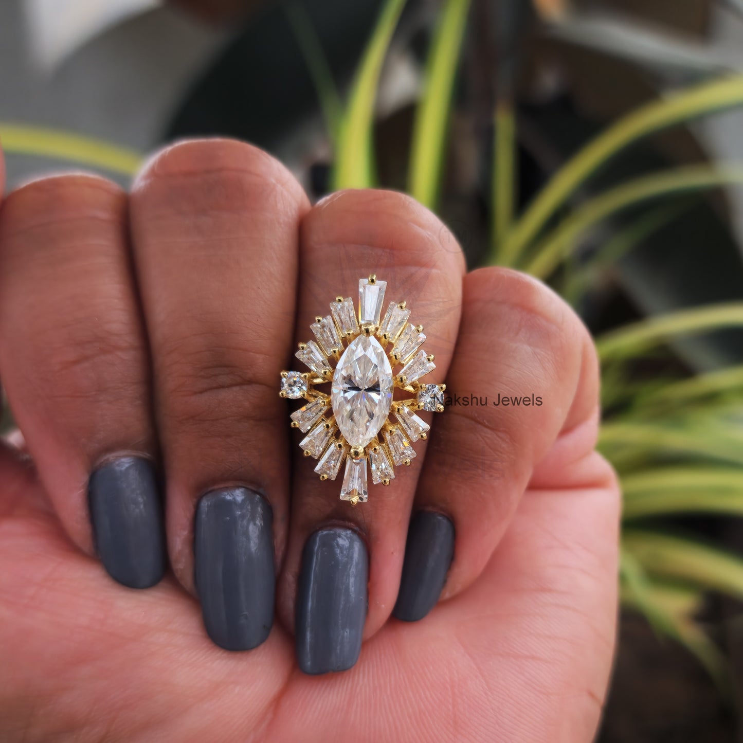 Marquise Cut Moissanite Sunburst Halo Engagement Ring