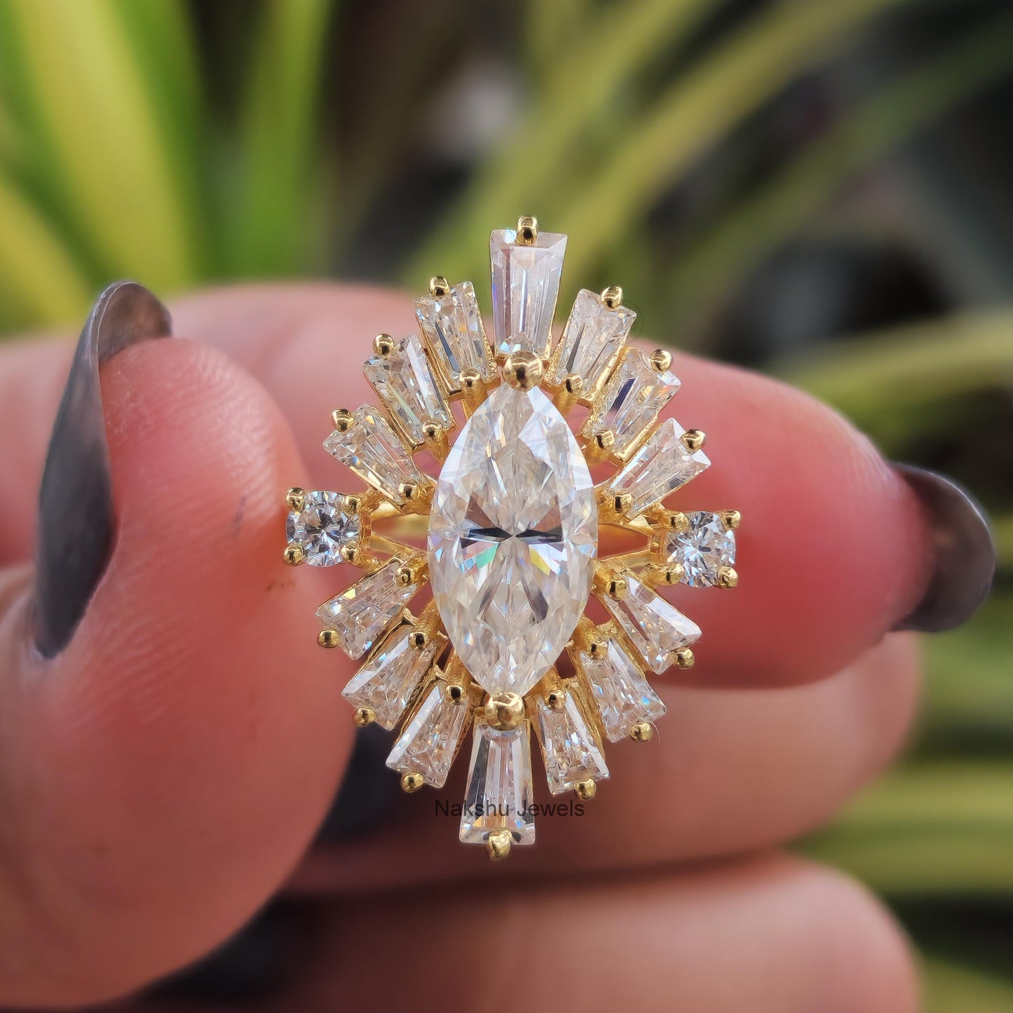 Marquise Cut Moissanite Sunburst Halo Engagement Ring
