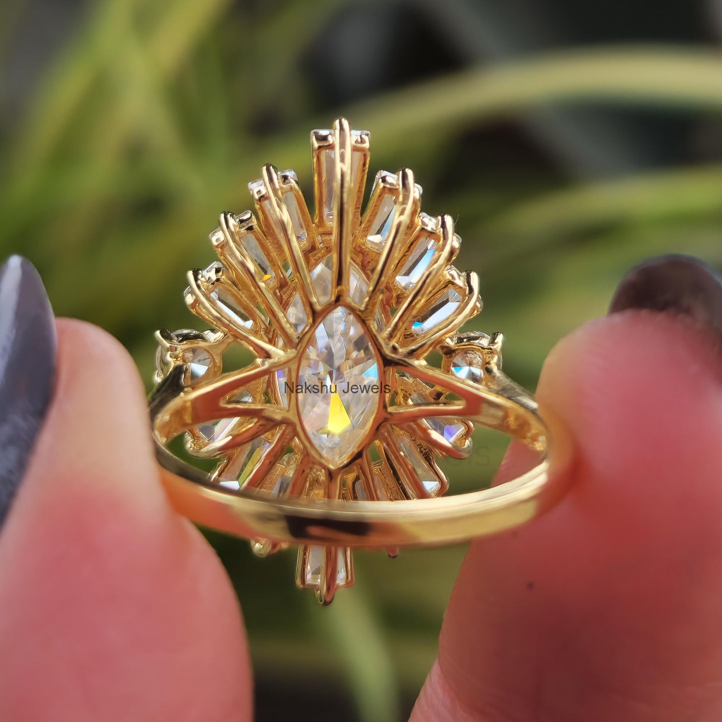 Marquise Cut Moissanite Sunburst Halo Engagement Ring