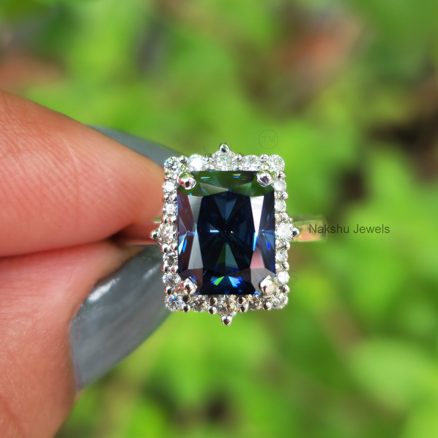 Antique Vintage Radiant Electric Blue Moissanite Halo Engagement Ring