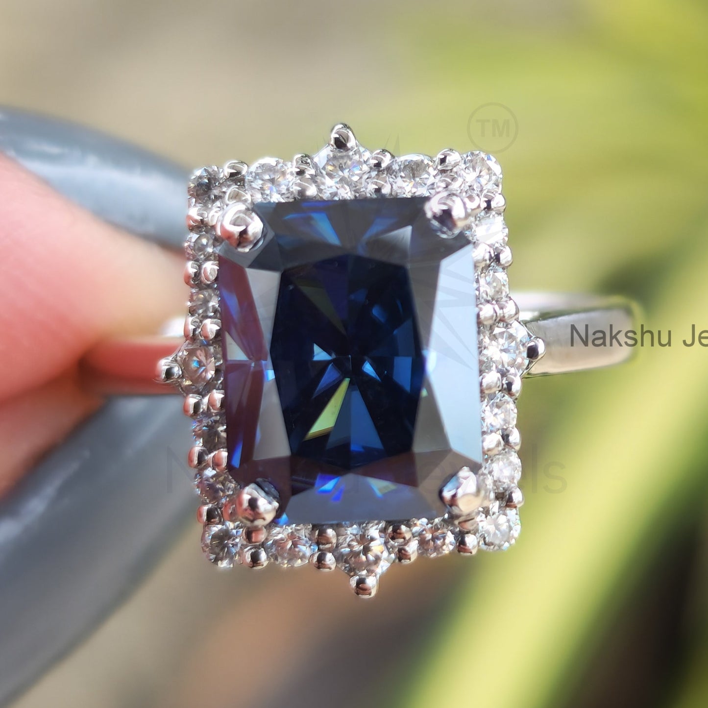 Antique Vintage Radiant Electric Blue Moissanite Halo Engagement Ring