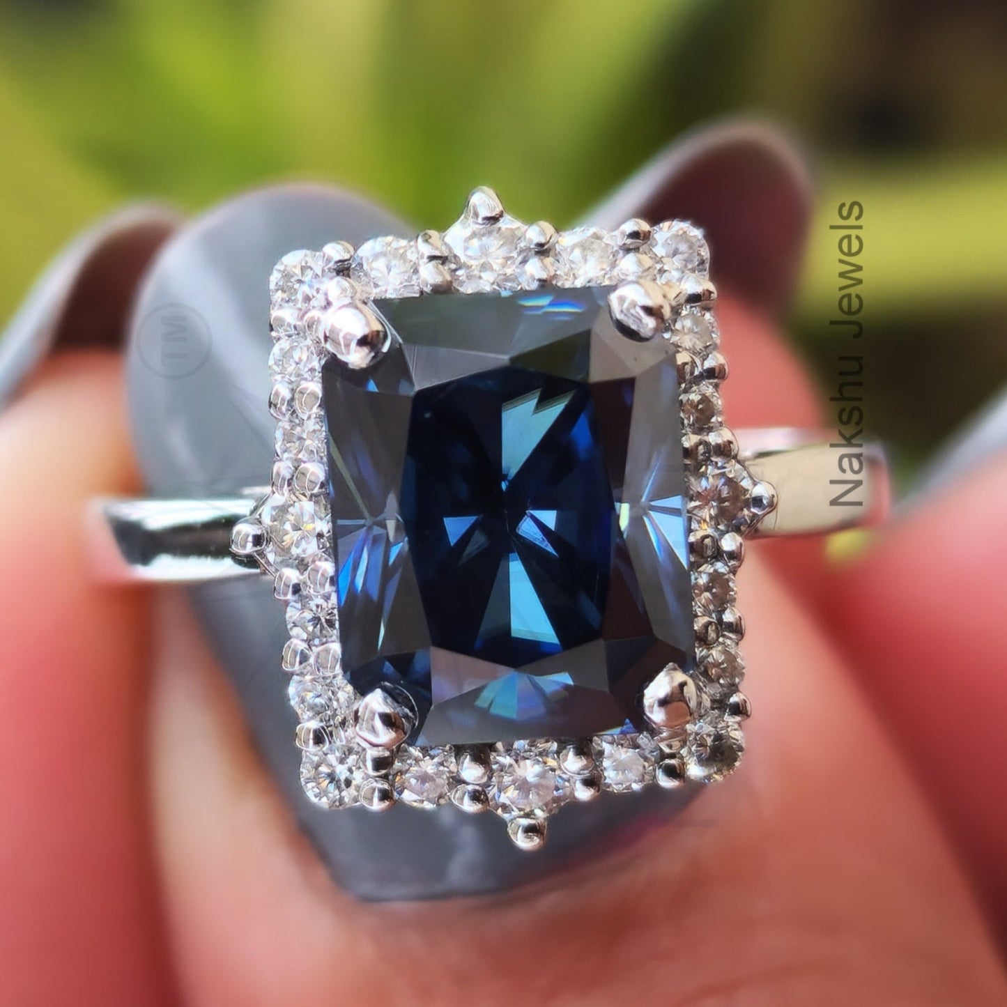 Antique Vintage Radiant Electric Blue Moissanite Halo Engagement Ring