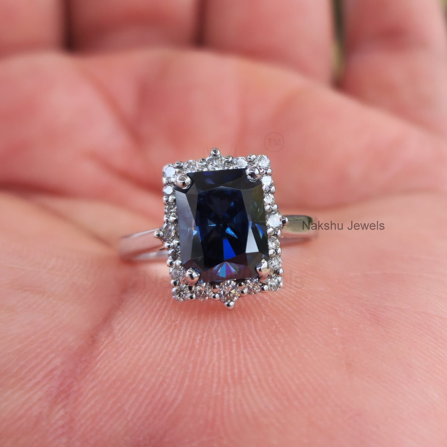 Antique Vintage Radiant Electric Blue Moissanite Halo Engagement Ring