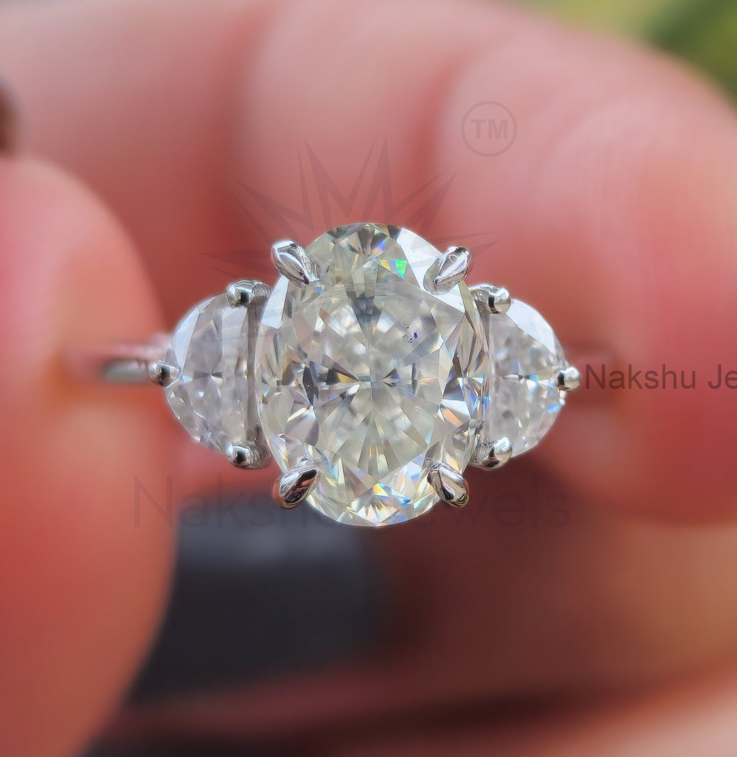 Oval Three Stone Moissanite Engagement Ring, Half Moon Cut Side Stone