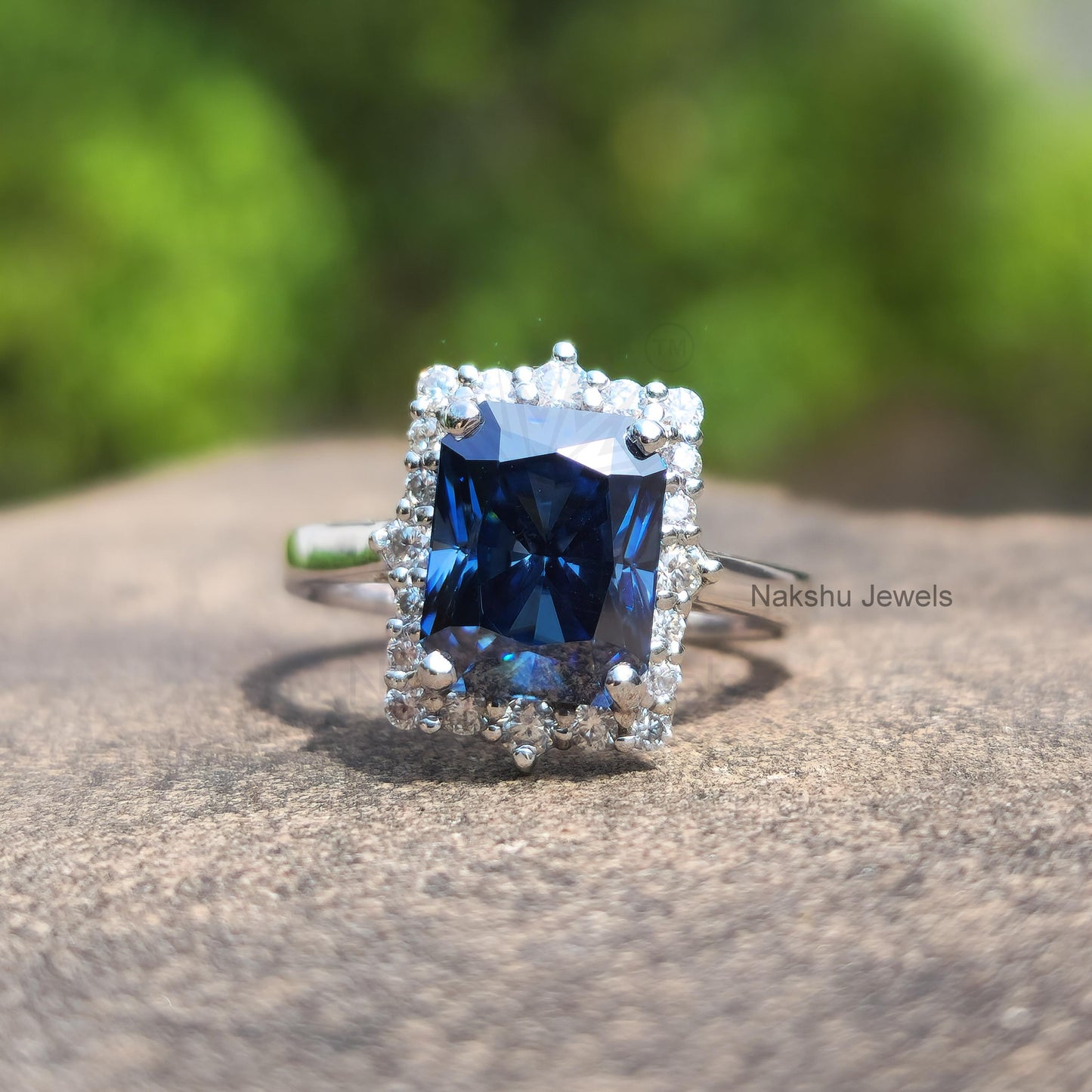 Antique Vintage Radiant Electric Blue Moissanite Halo Engagement Ring