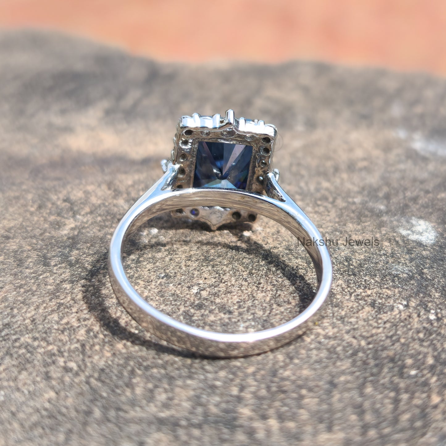 Antique Vintage Radiant Electric Blue Moissanite Halo Engagement Ring