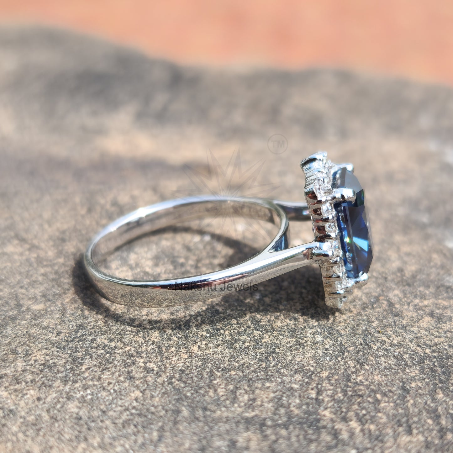 Antique Vintage Radiant Electric Blue Moissanite Halo Engagement Ring