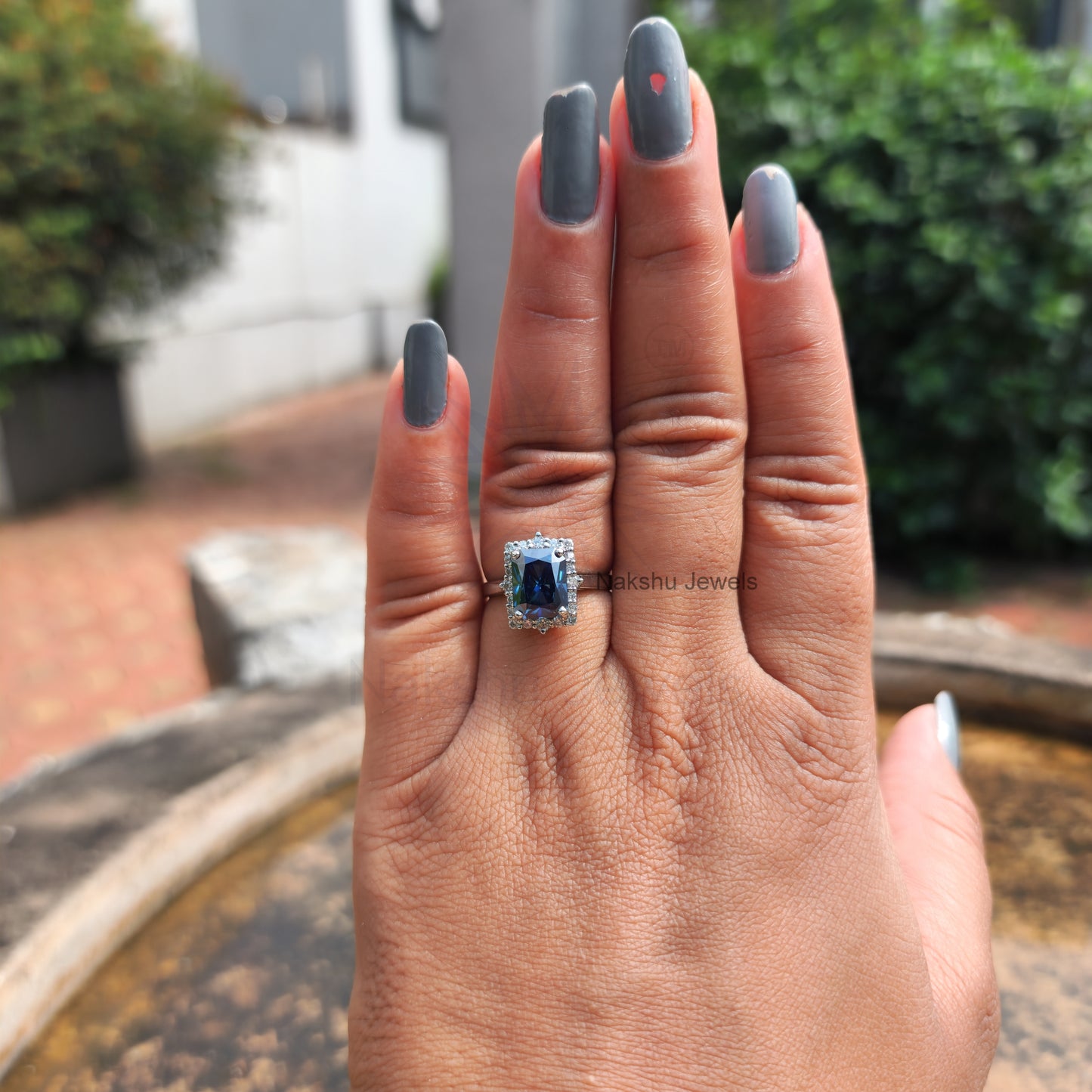 Antique Vintage Radiant Electric Blue Moissanite Halo Engagement Ring