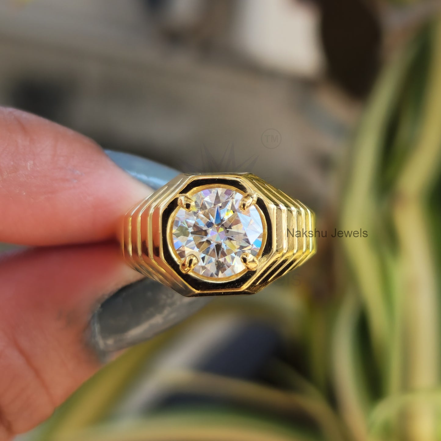 Round Cut Moissanite Solitaire Men's Engagement Ring In 14K Solid Gold
