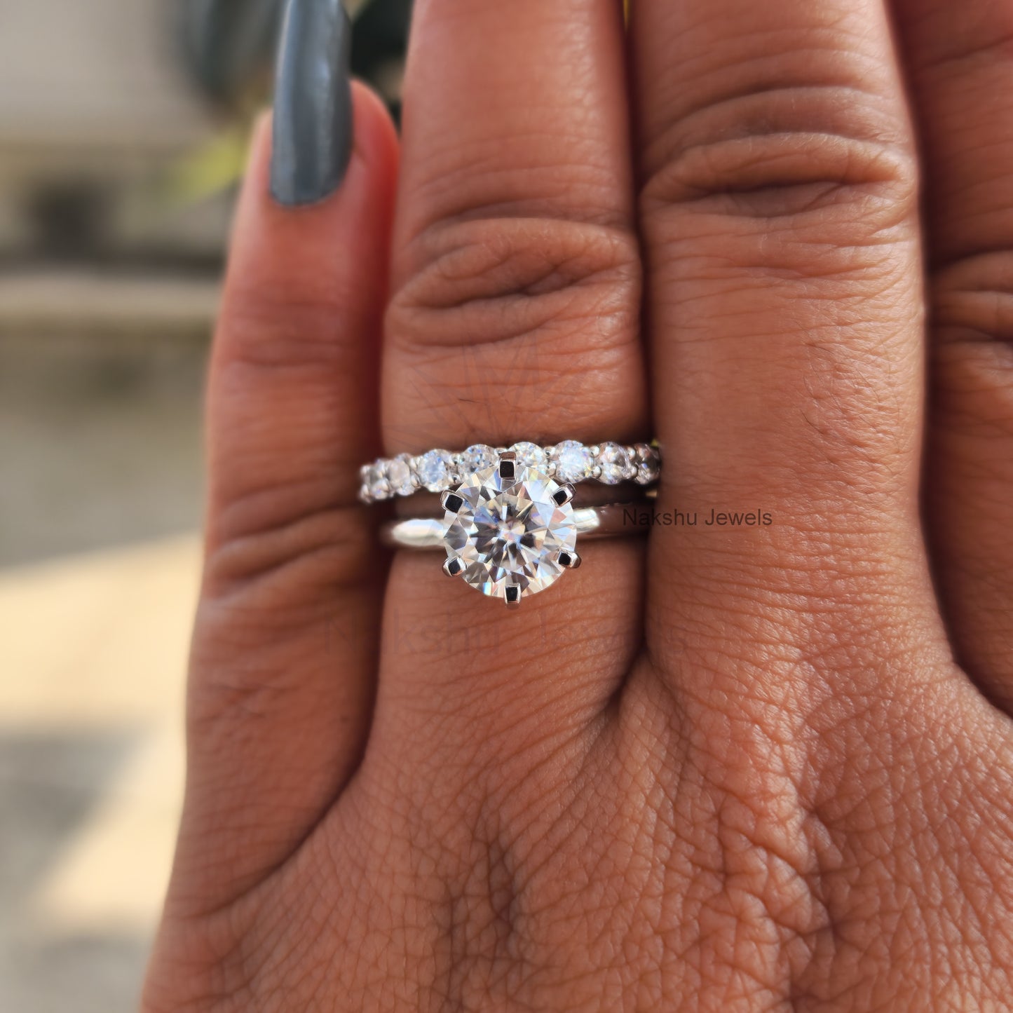 Round Cut Moissanite Wedding Bridal Ring Set For Her