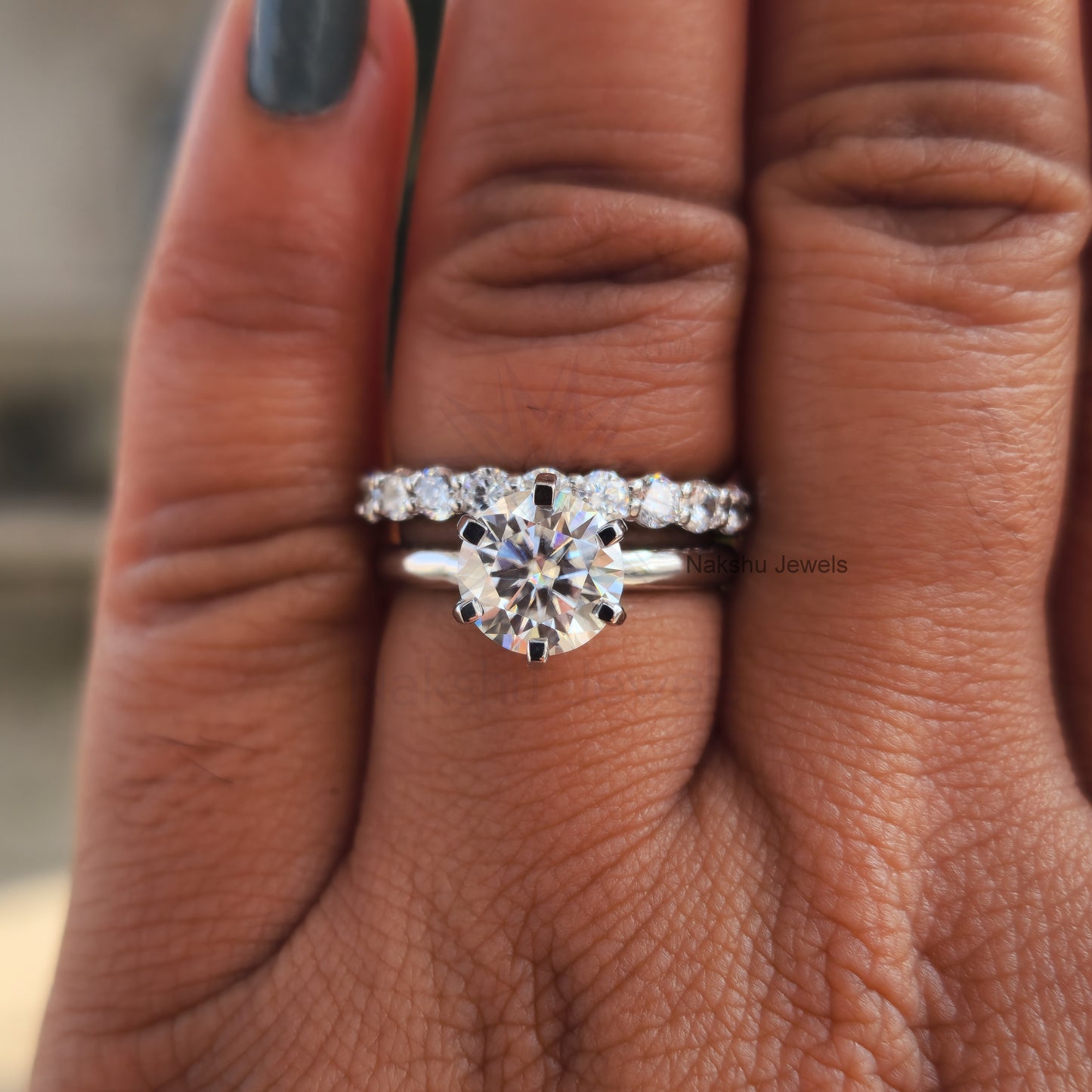 Round Cut Moissanite Wedding Bridal Ring Set For Her