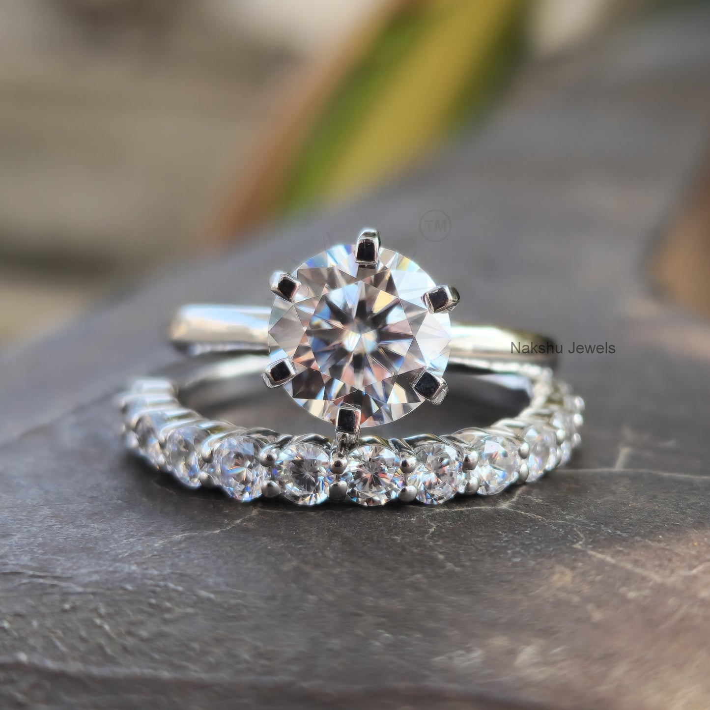 Round Cut Moissanite Wedding Bridal Ring Set For Her