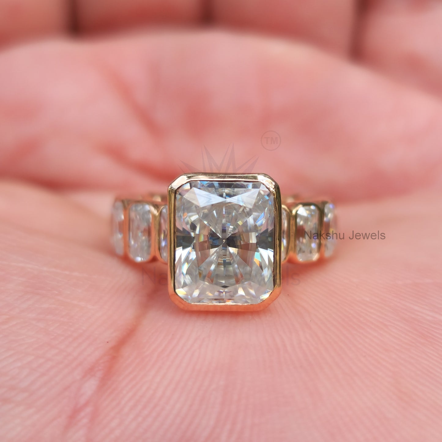 Radiant Cut Moissanite Bezel Set Engagement Ring, Radiant Eternity Band