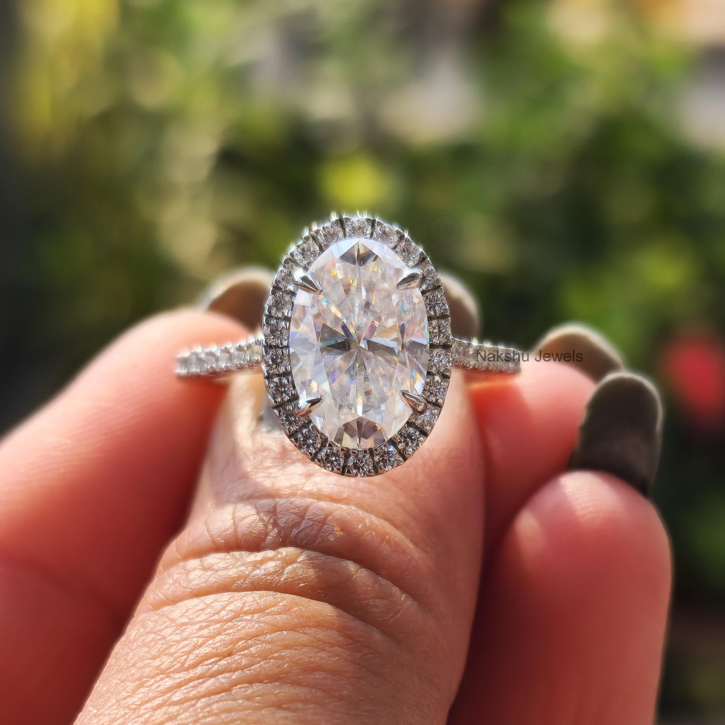 Moissanite Oval Halo Engagement Ring for Women
