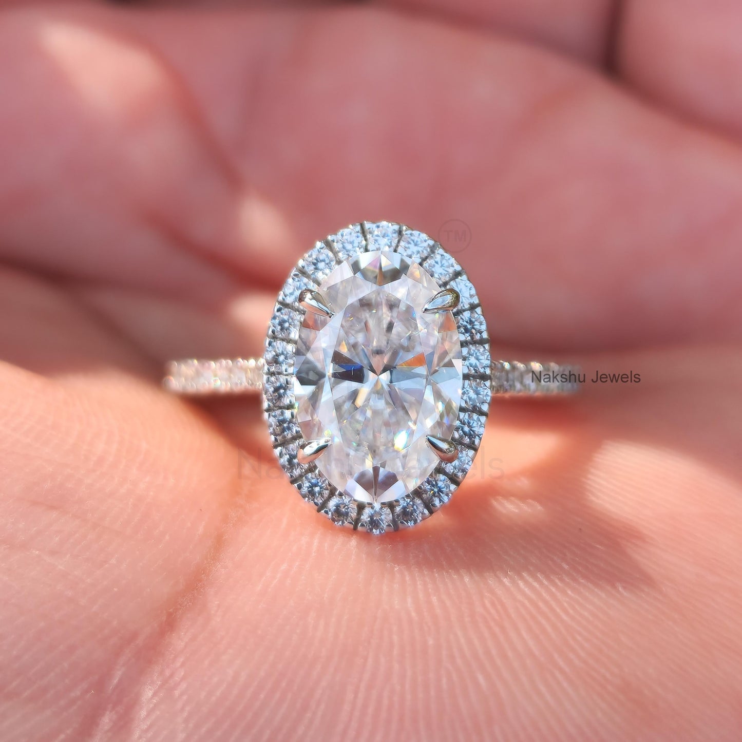 Moissanite Oval Halo Engagement Ring for Women