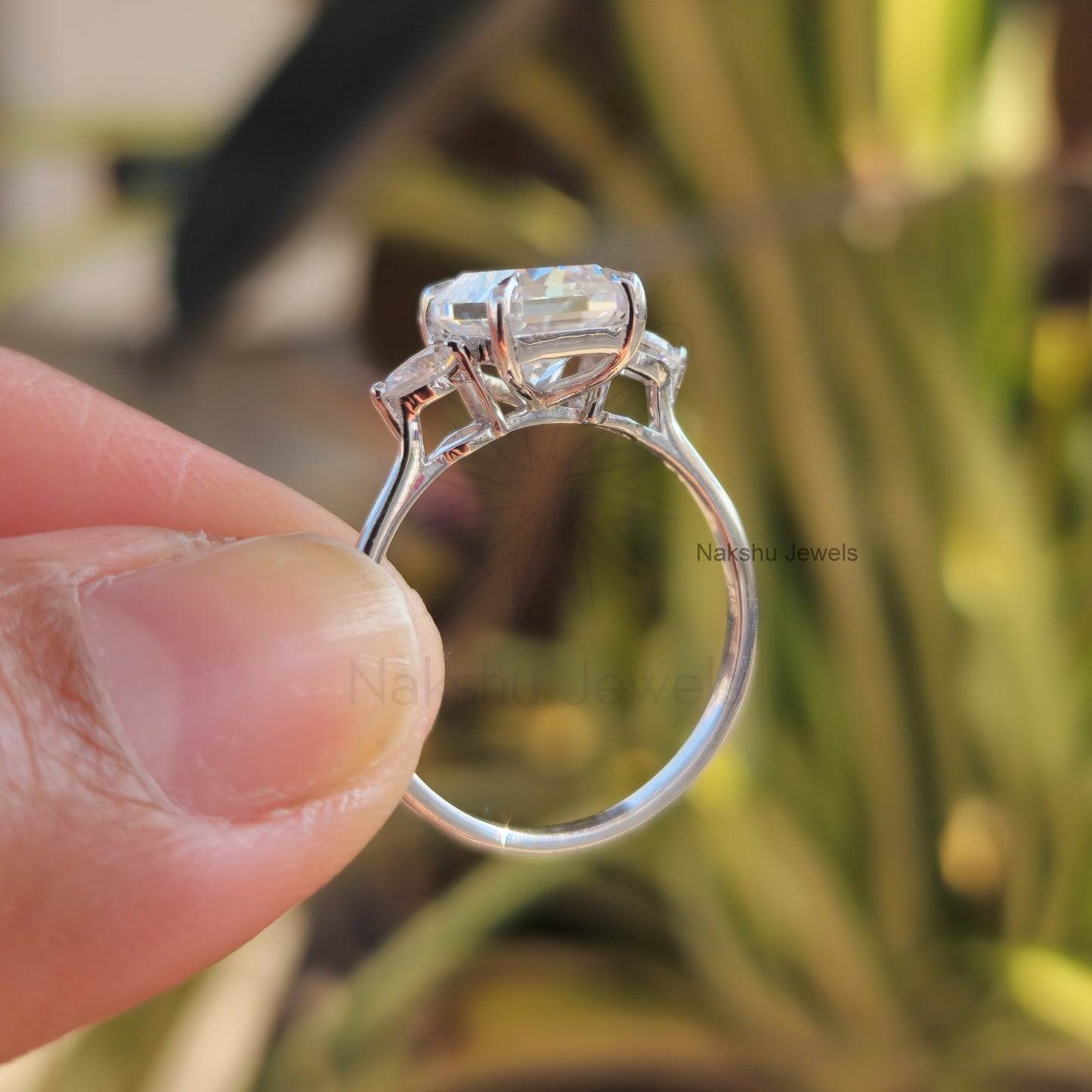 Radiant Cut Moissanite Trilogy and Thin Band Engagement Ring