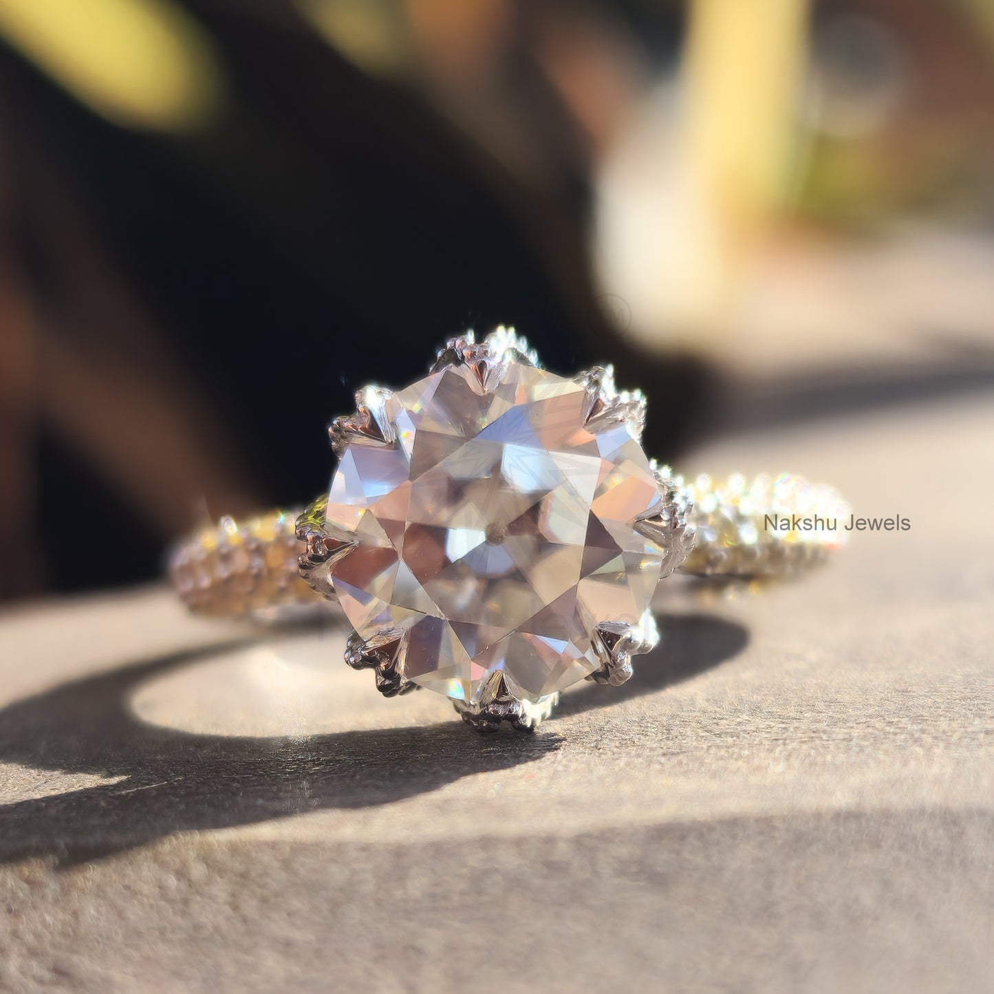 Vintage Style Old European Cur Round Moissanite Engagement Ring, Tulip Lotus flower basket Setting Ring
